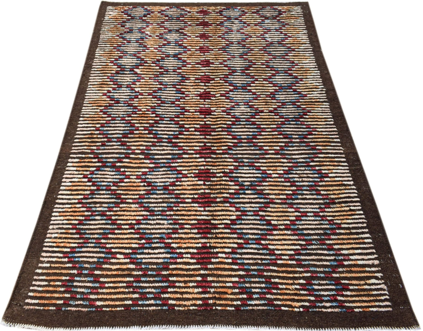 An Afghan Yekta rug featuring a geometric pattern of horizontal stripes in red, blue, and orange.