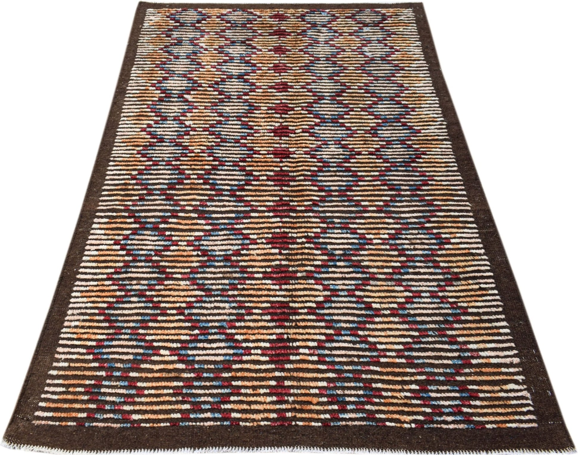 An Afghan Yekta rug featuring a geometric pattern of horizontal stripes in red, blue, and orange.