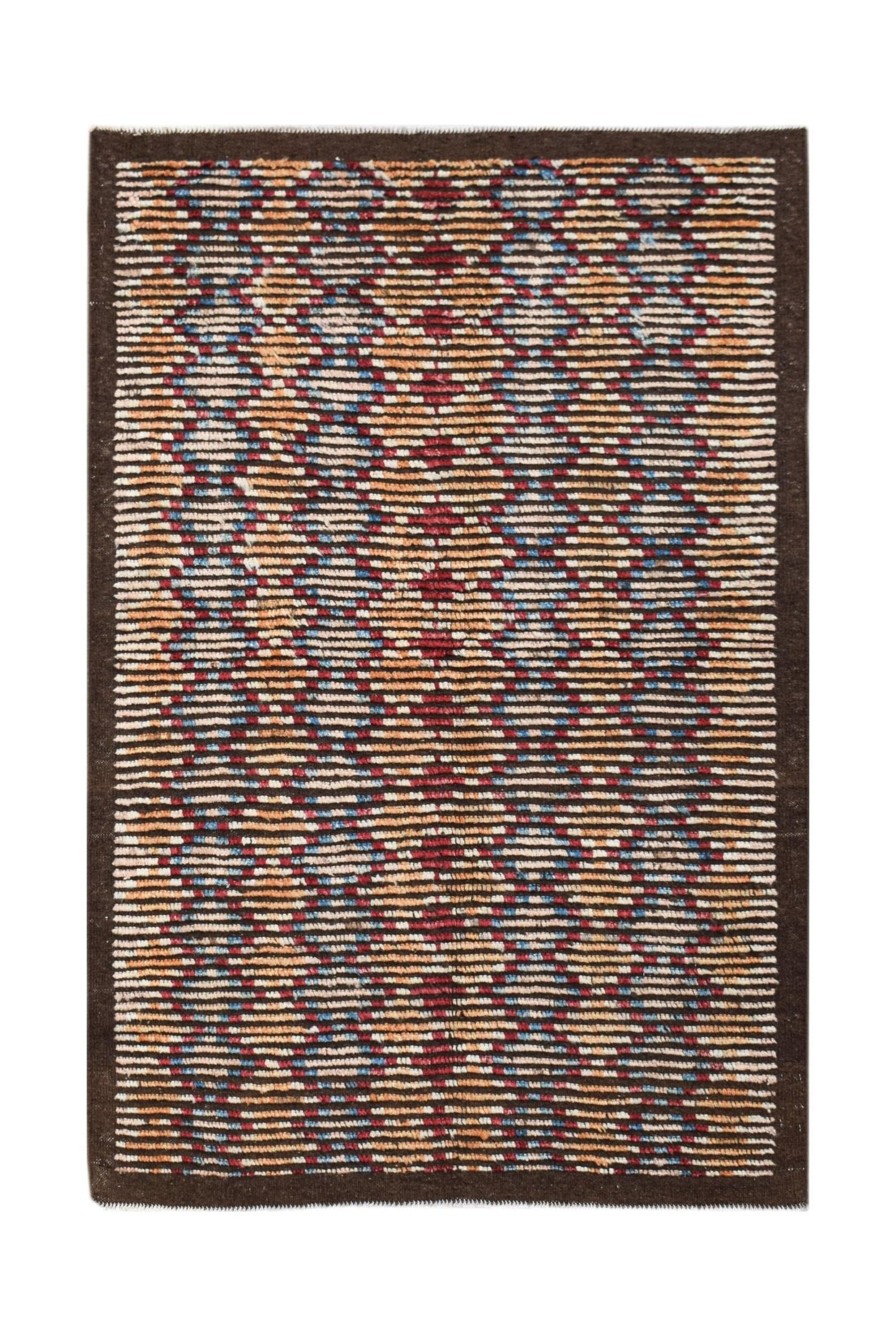 An Afghan Yekta rug featuring a geometric pattern in red, blue, and orange on a textured background.