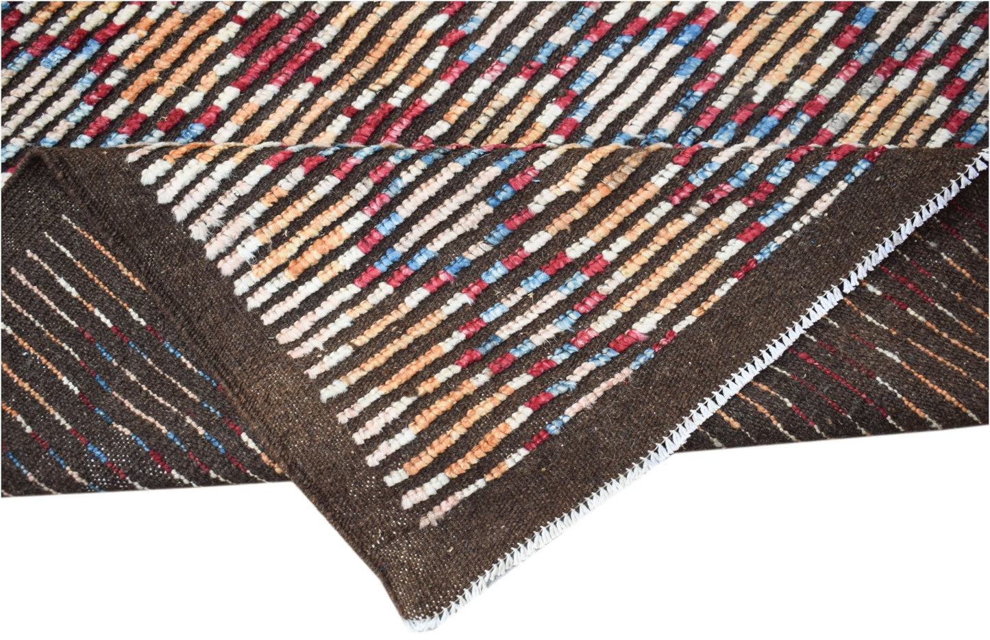 A hand-knotted Afghan rug featuring a dark brown base with colorful, textured vertical stripes.