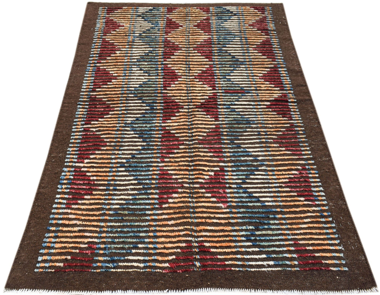 An Afghan Yekta rug featuring a geometric pattern of colorful horizontal stripes on a brown field.