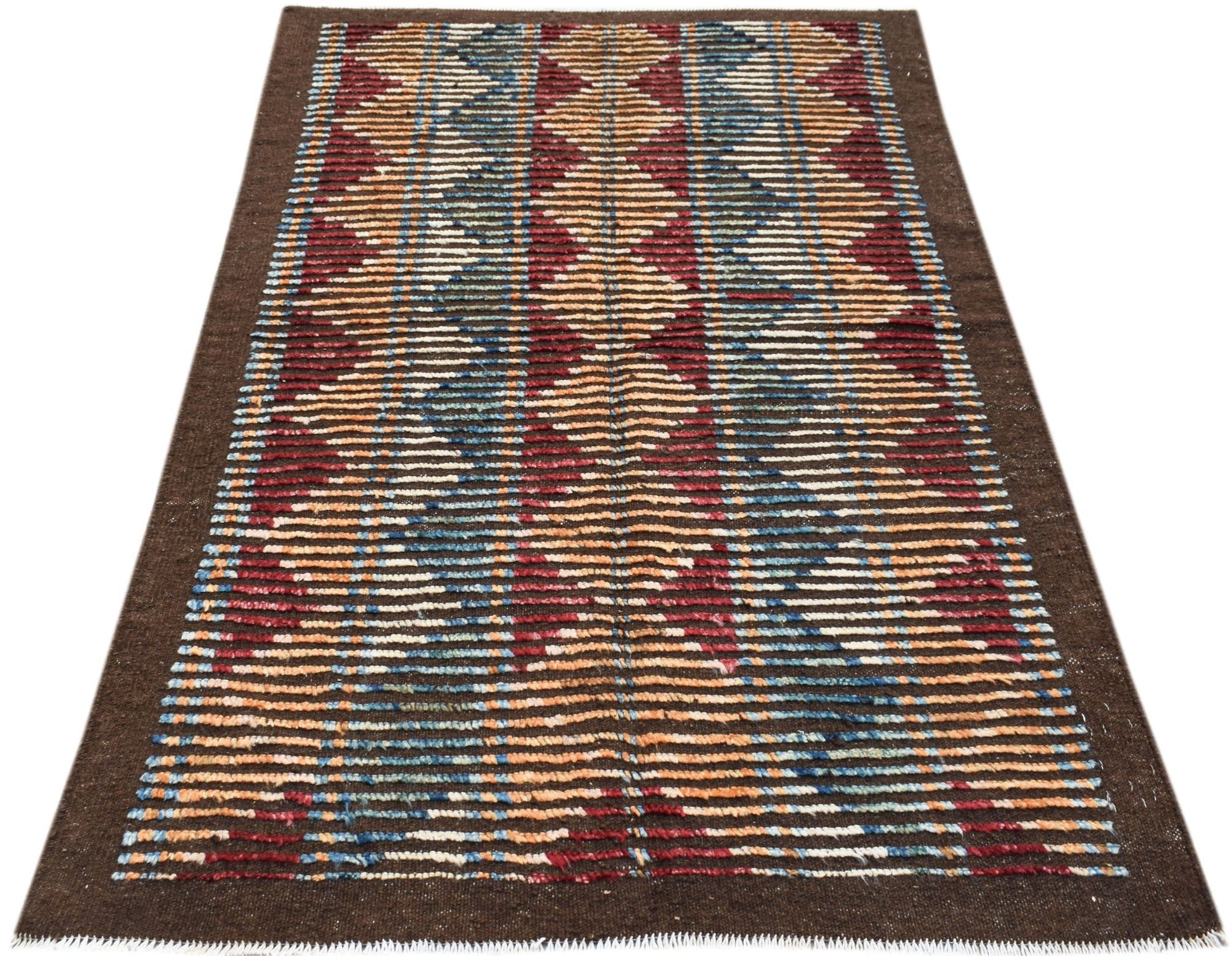 An Afghan Yekta rug featuring a geometric pattern of colorful horizontal stripes on a brown field.