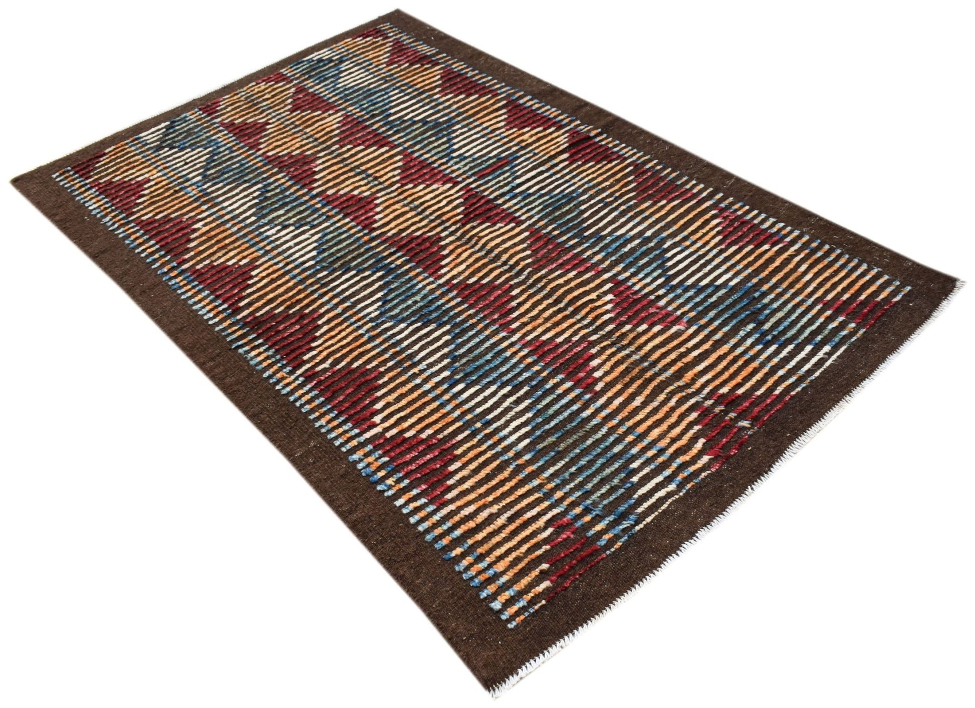 An Afghan Yekta rug featuring a geometric pattern of multicolored stripes on a dark brown field.