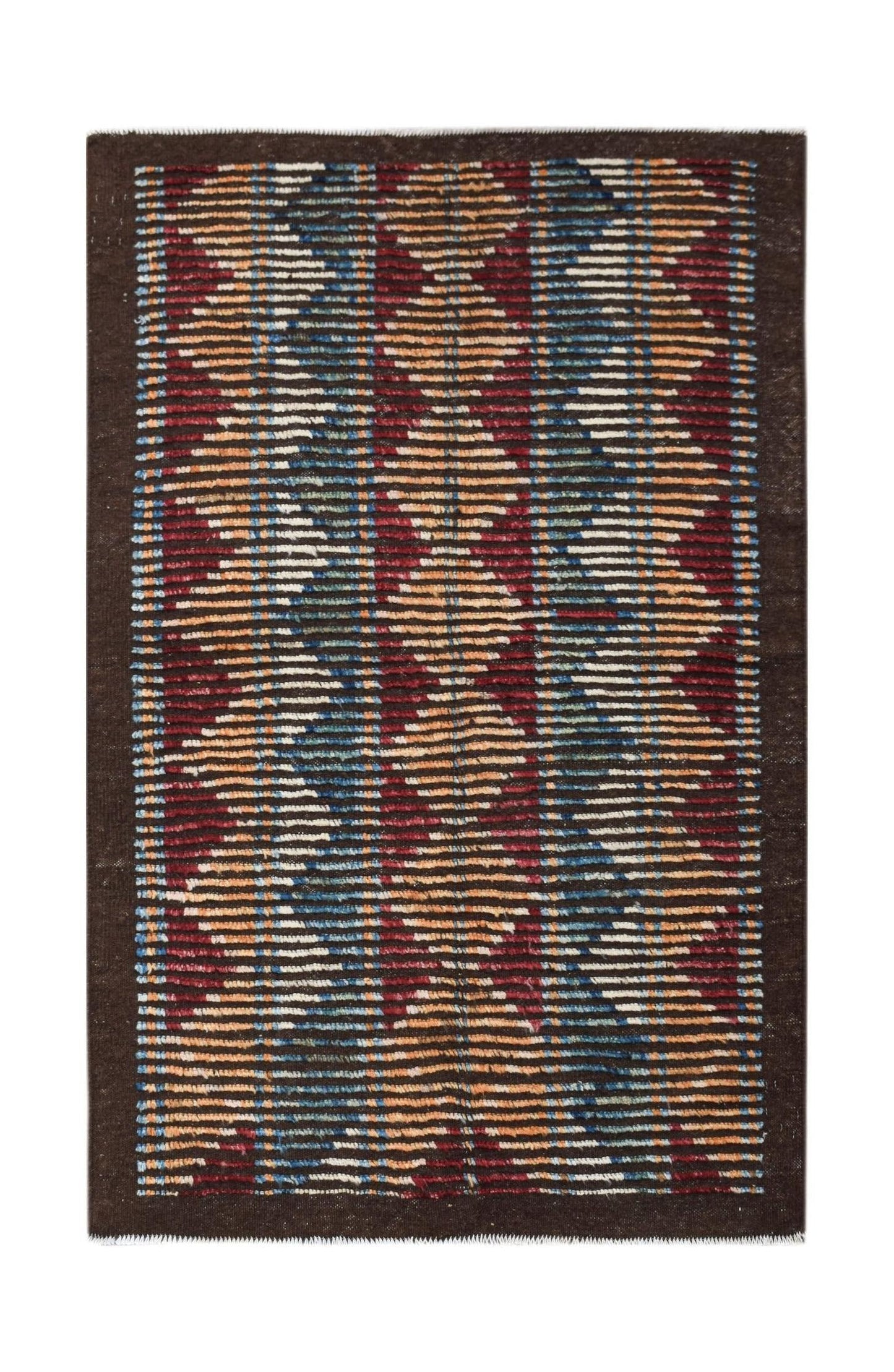 An Afghan Yekta rug featuring a dark brown background with bold, geometric horizontal patterns.
