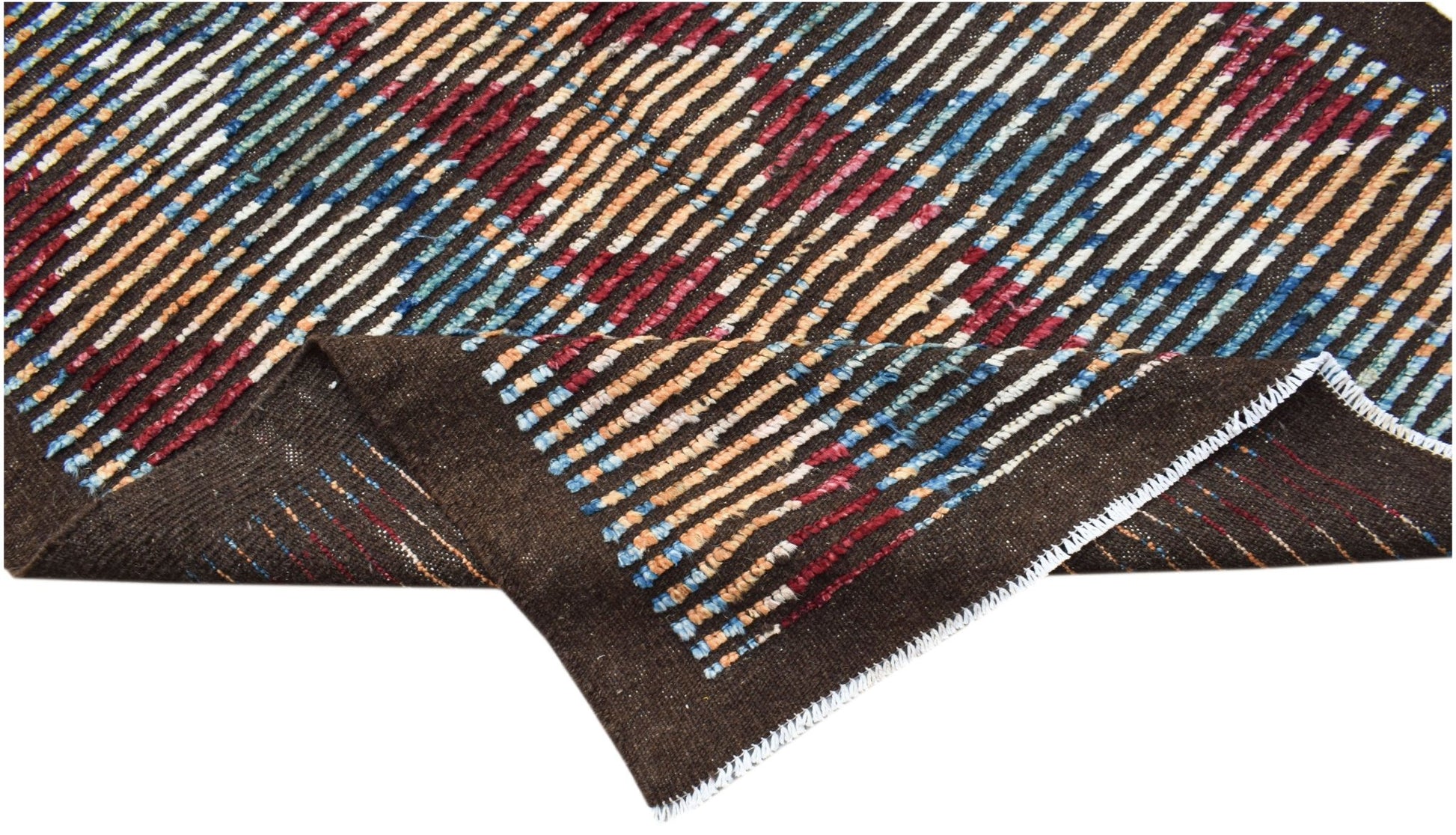 An Afghan Yekta rug featuring a dark brown base with colorful, hand-knotted striped patterns.