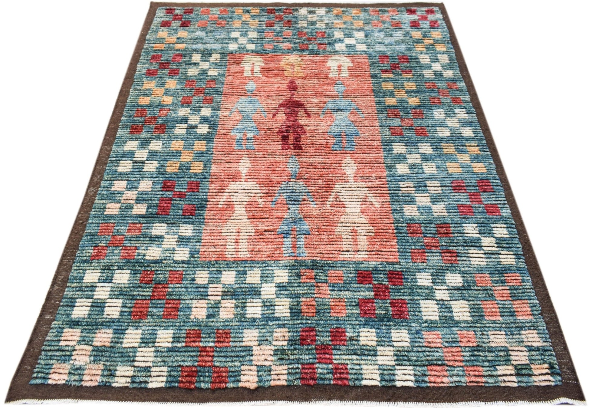 An Afghan Yekta rug featuring a central red panel with stylized figures and a checkered border.