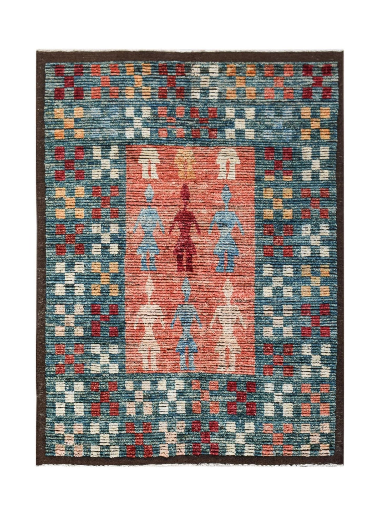 An Afghan Yekta rug featuring a central coral panel with stylized figures surrounded by a blue geometric border.