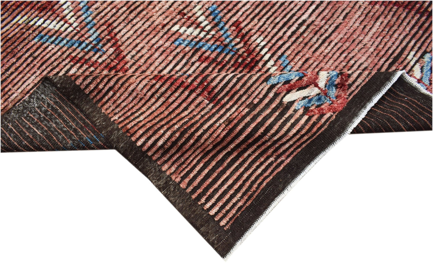 A hand-knotted Afghan Yekta rug featuring a striped pattern in red, black, and blue tones.