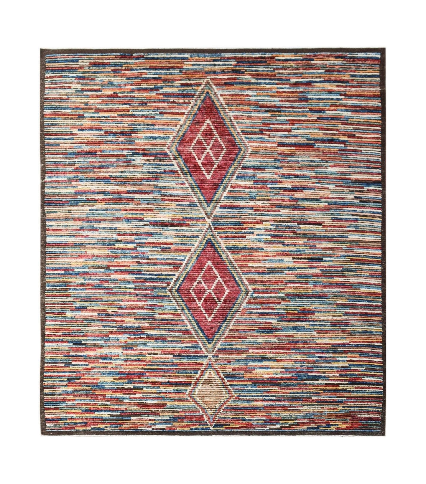 An Afghan Yekta rug featuring a multicolored striped field with three central diamond motifs.