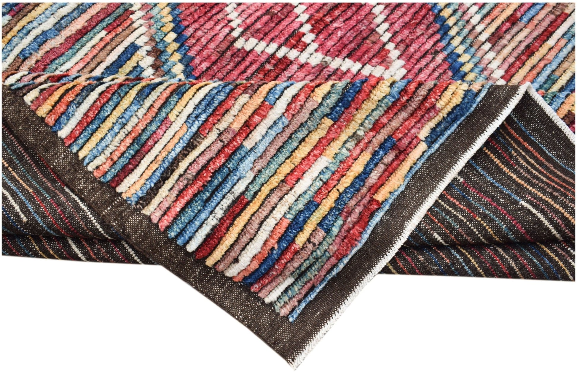 A hand-knotted Afghan Yekta rug featuring a colorful, striped geometric pattern in wool.