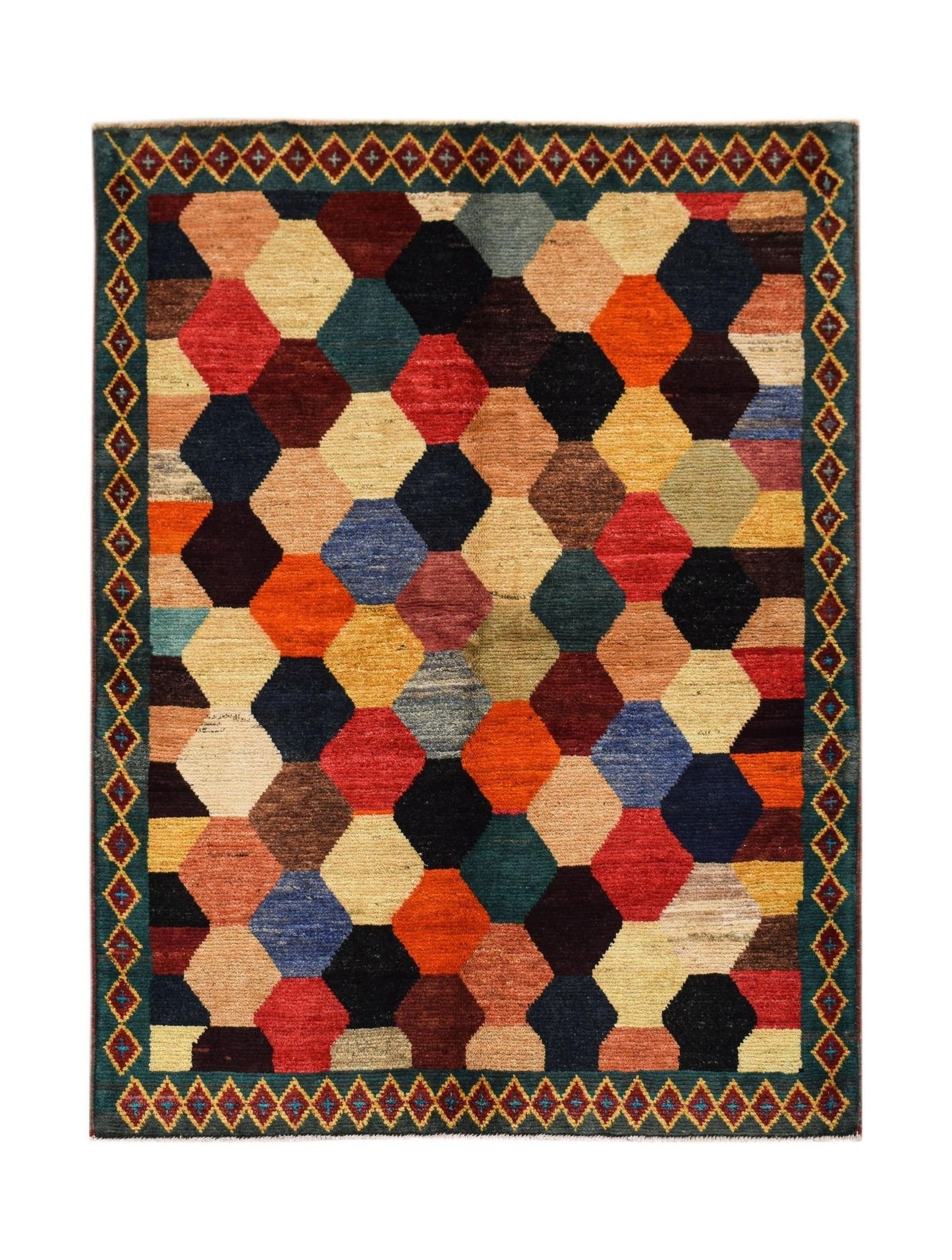 Hand-knotted Afghan wool rug featuring a colorful geometric honeycomb pattern and a bordered edge.