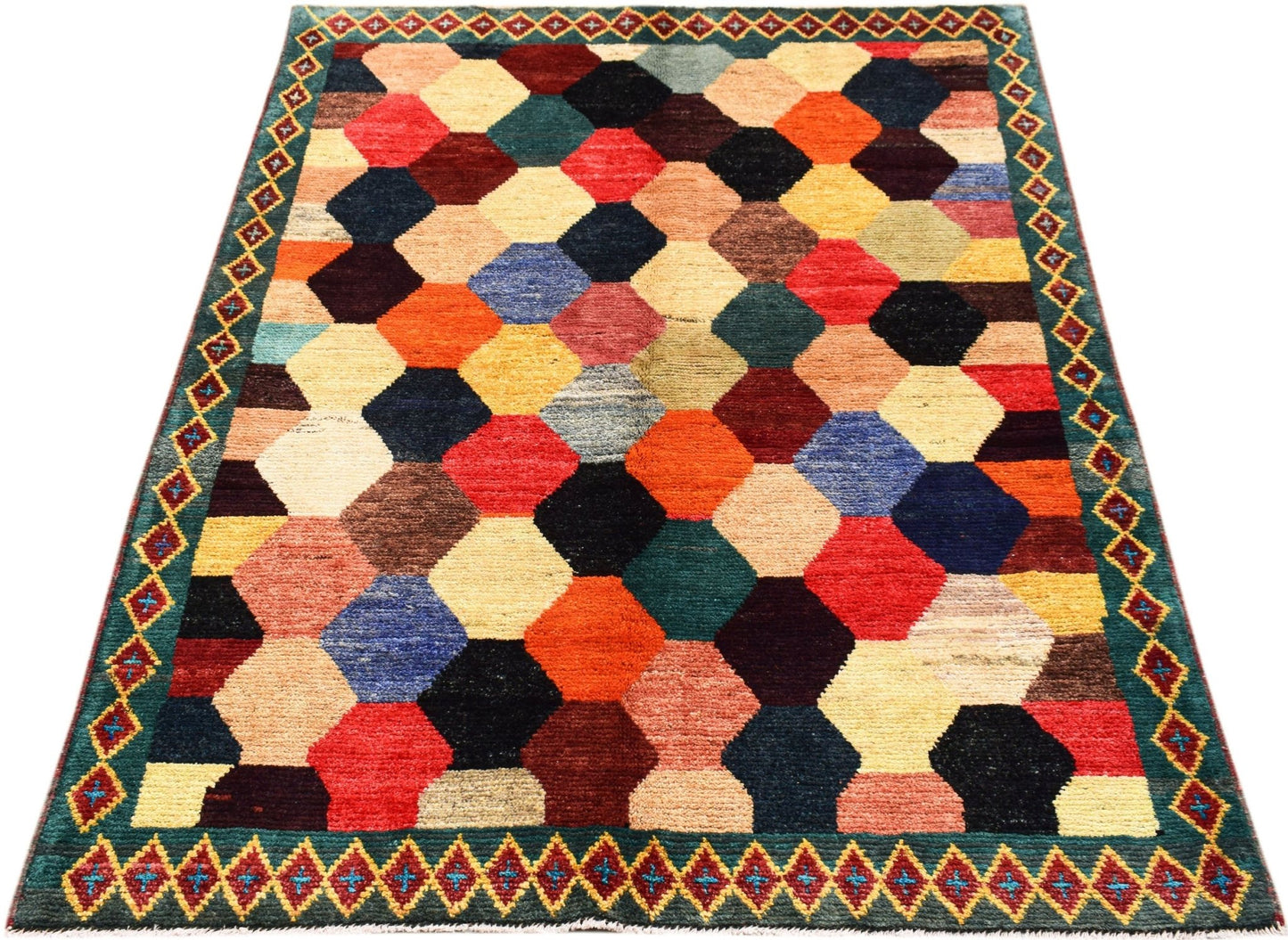 Hand-knotted Afghan wool rug featuring a colorful geometric hexagon pattern and a decorative border.