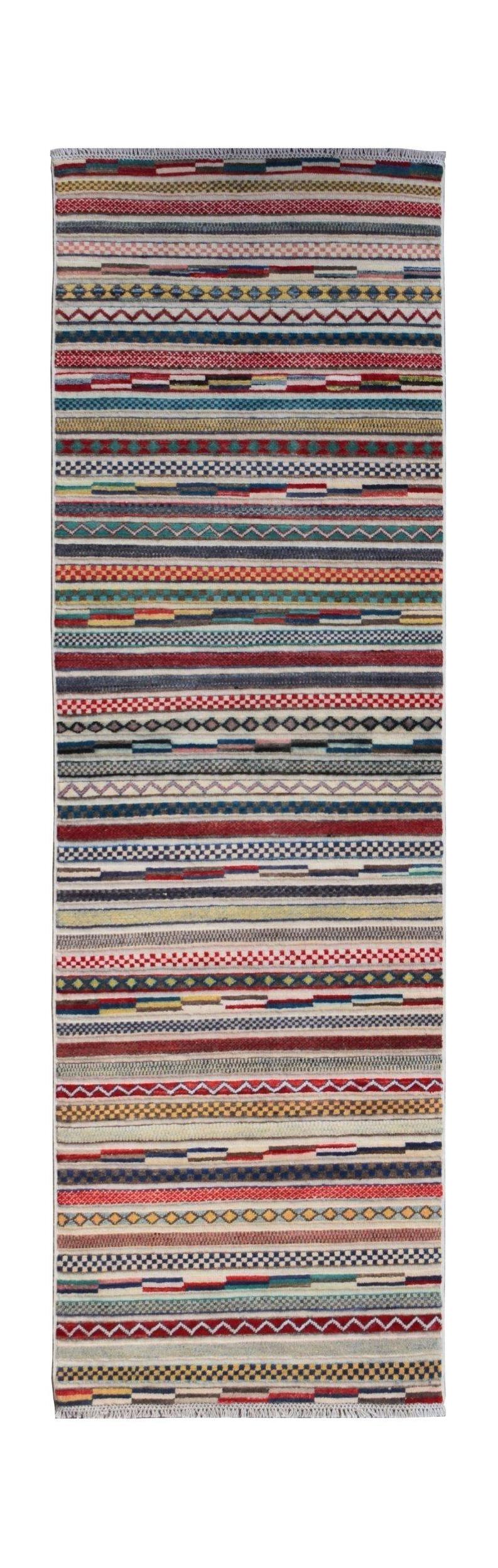 This handmade Afghan Yekta runner features a vibrant, multi-colored striped pattern.