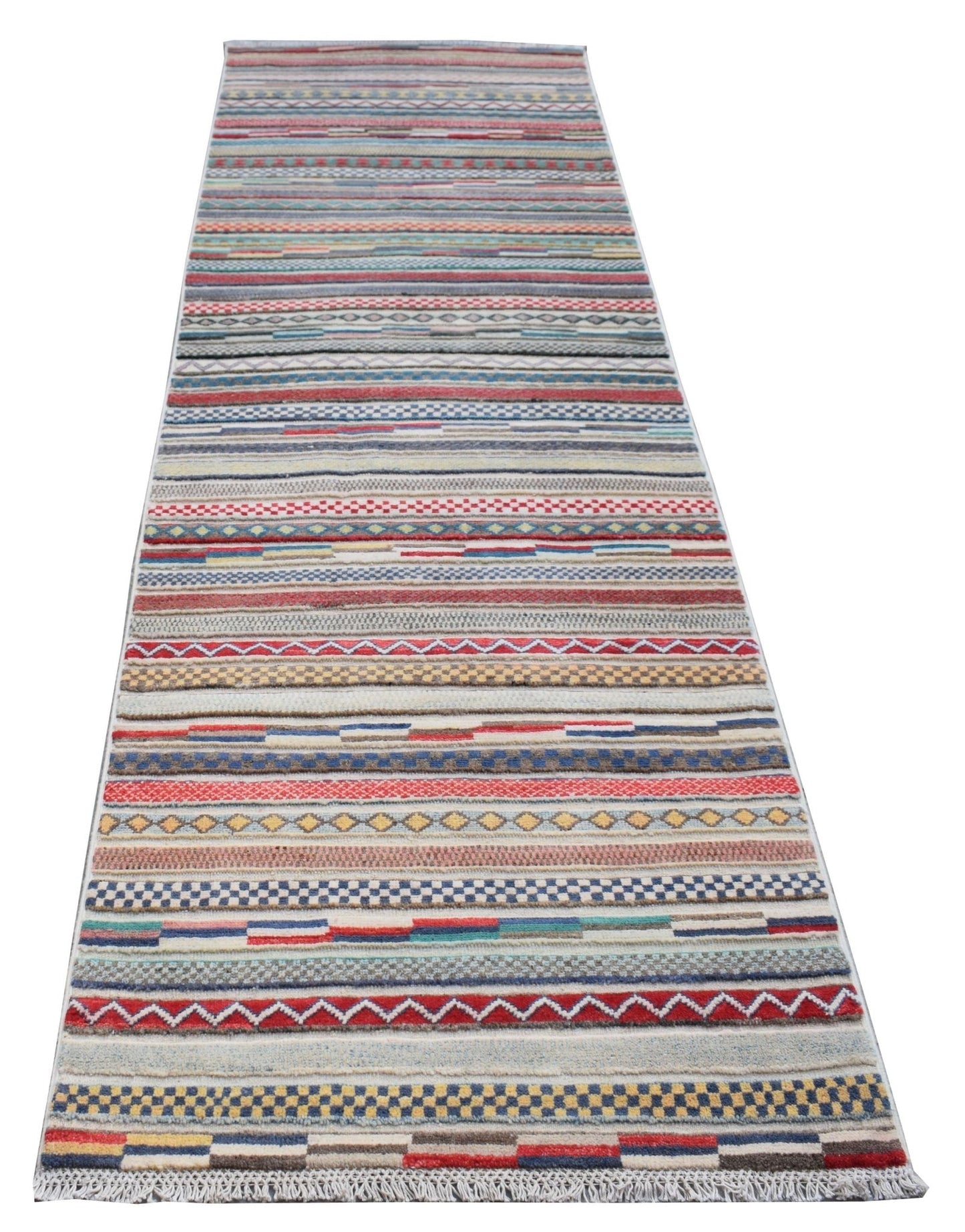 A handmade Afghan Yekta runner rug featuring a vibrant, multi-colored striped geometric pattern.