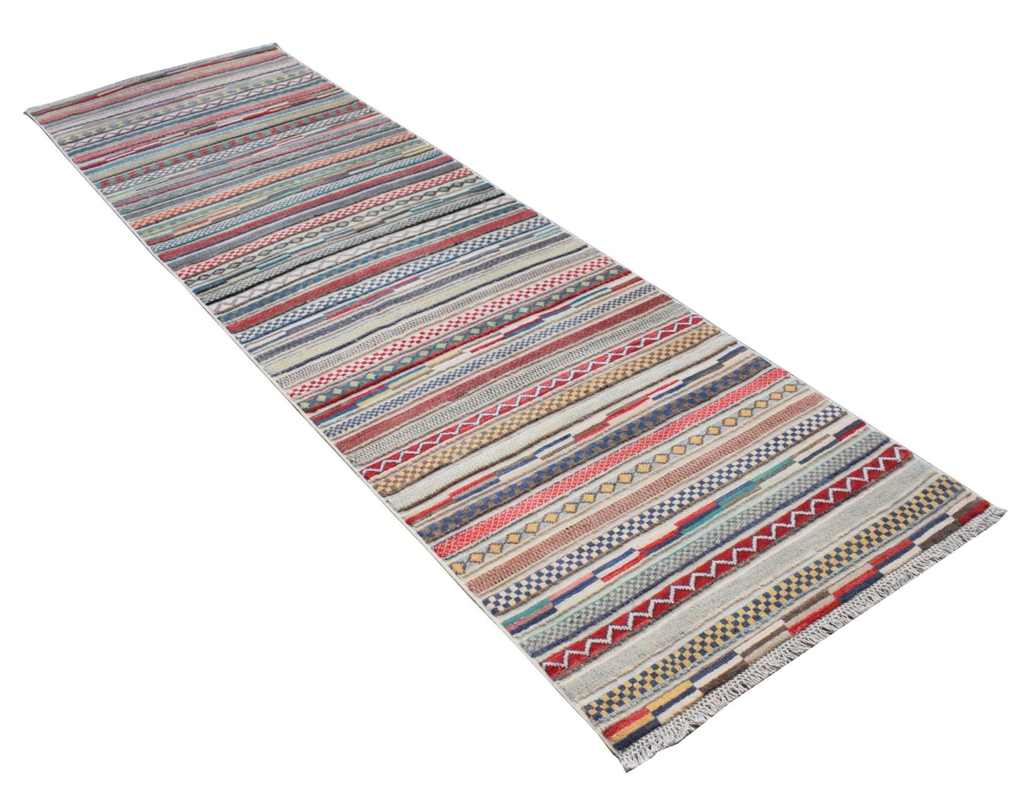 A handmade Afghan Yekta runner rug featuring a colorful, multi-patterned striped design.