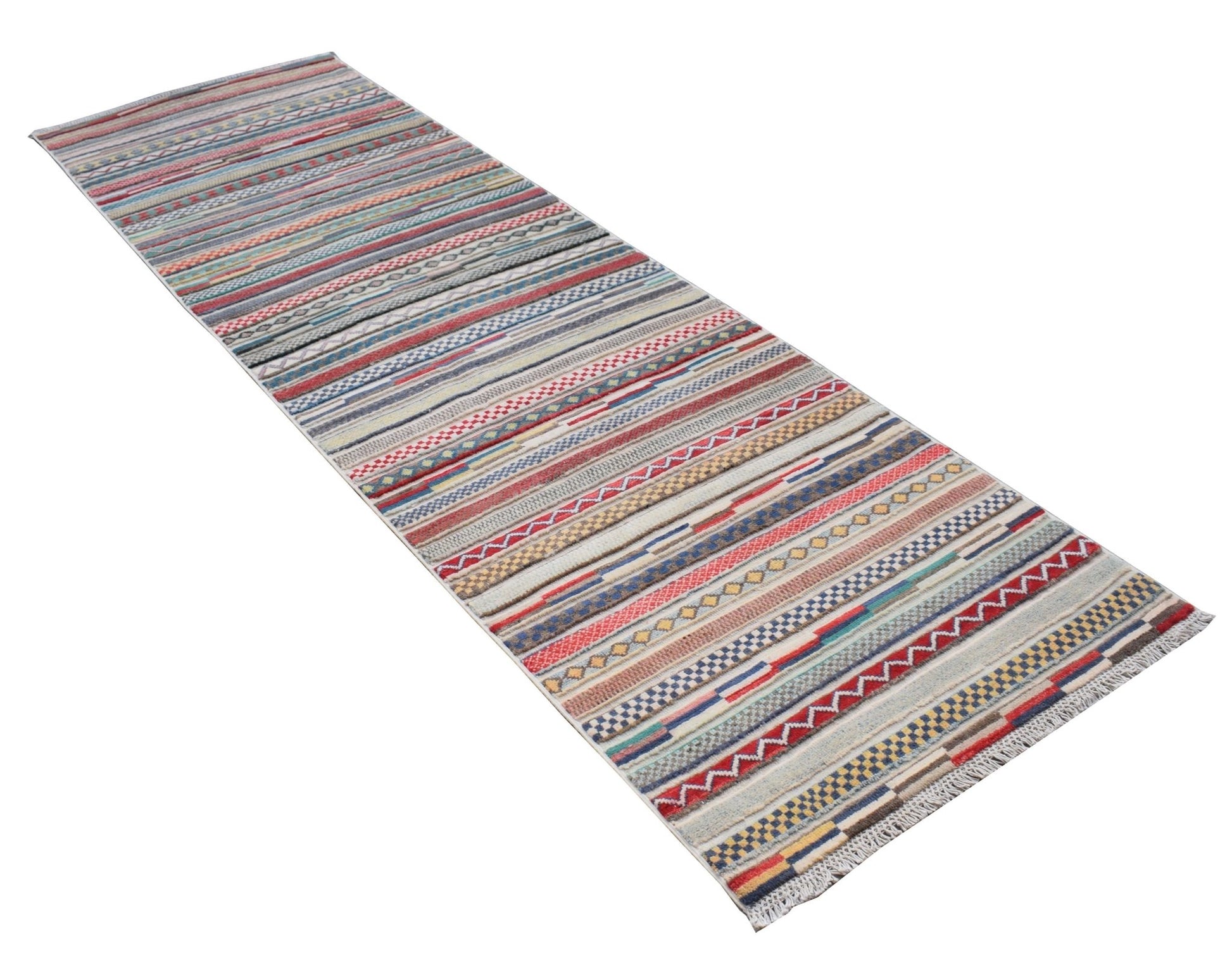 A handmade Afghan Yekta runner rug featuring a colorful, multi-patterned striped design.