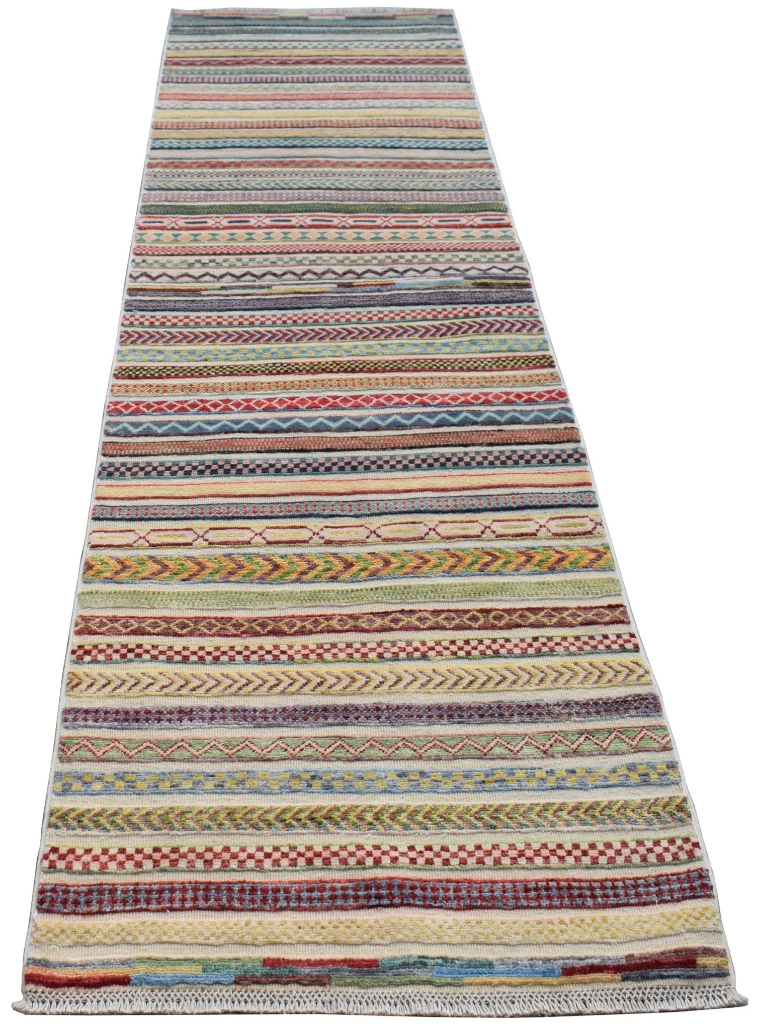 An Afghan Yekta runner rug featuring a vibrant, multi-colored pattern of horizontal stripes.