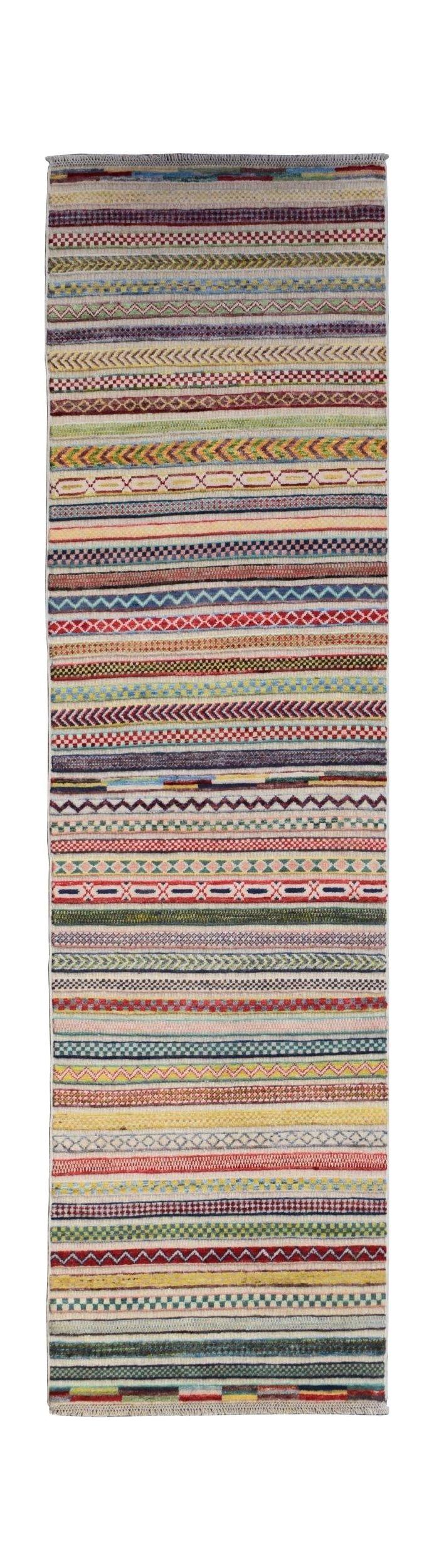 This handmade Afghan Yekta runner features a vibrant, multi-colored striped pattern.