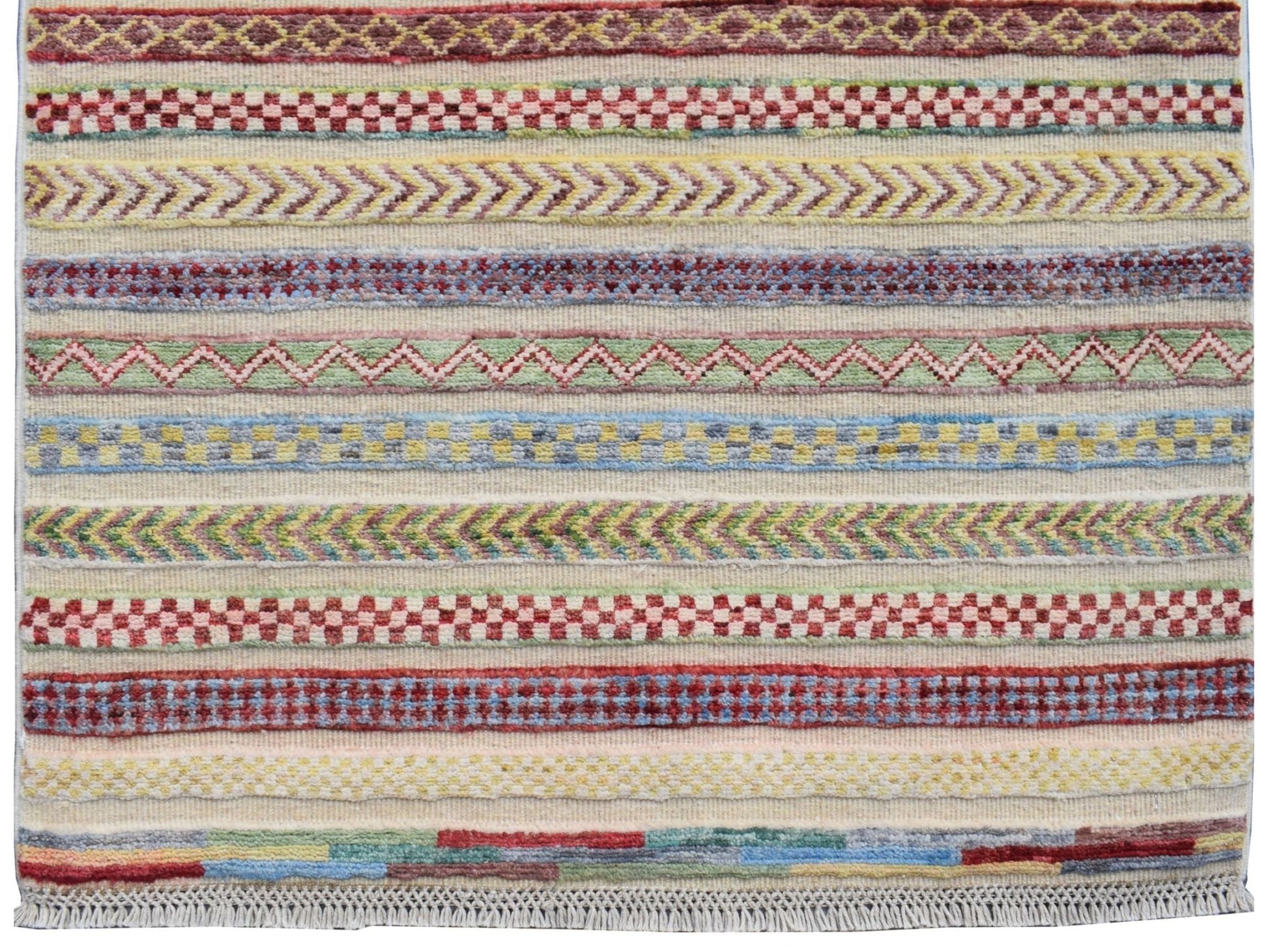 Handmade Afghan Yekta runner rug featuring colorful horizontal bands of geometric patterns.