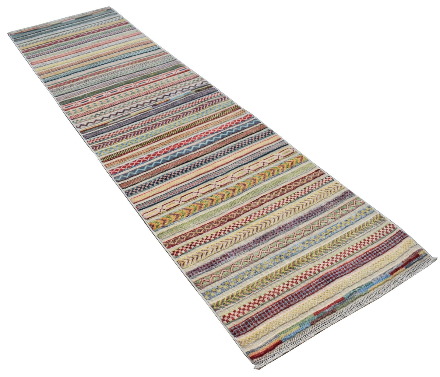 A handmade Afghan runner rug featuring a vibrant, multi-colored striped pattern.
