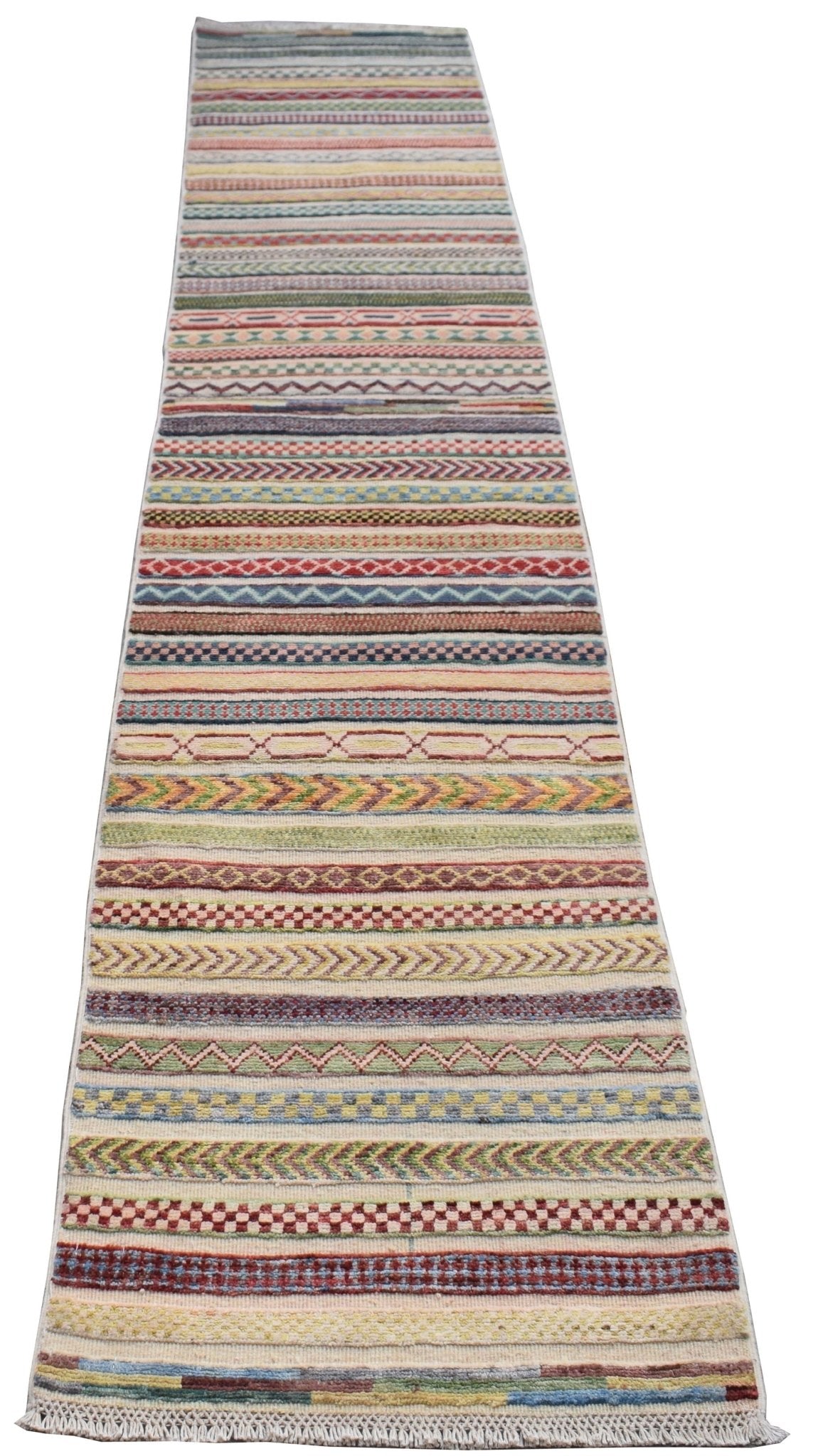 A handmade Afghan Yekta runner rug featuring a colorful, multi-patterned striped design.