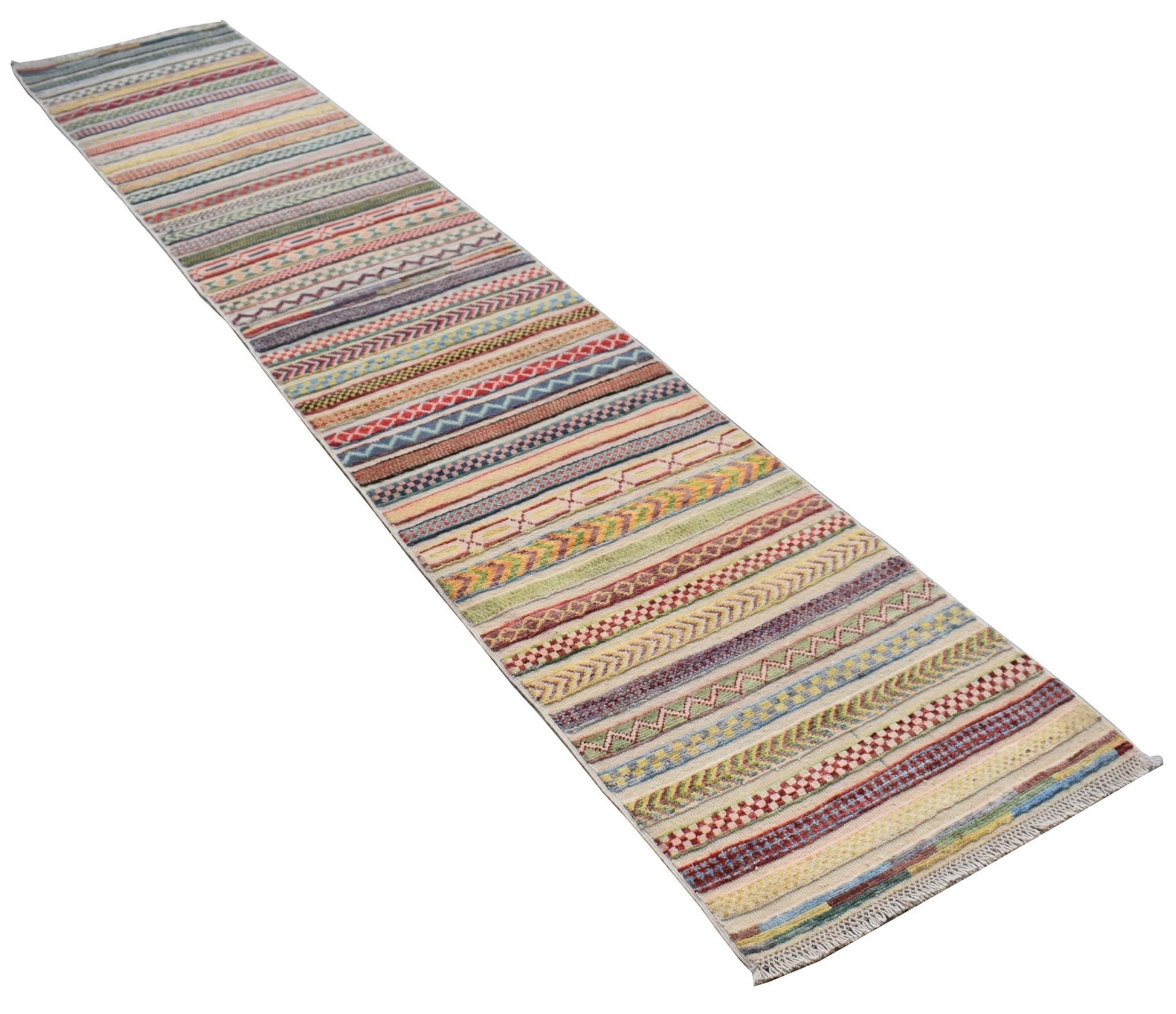 A handmade Afghan Yekta runner rug featuring a vibrant, multi-colored striped geometric pattern.