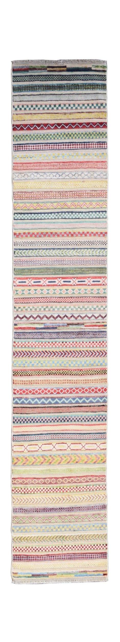 An Afghan Yekta runner rug featuring a vibrant, multi-colored pattern of horizontal geometric bands.