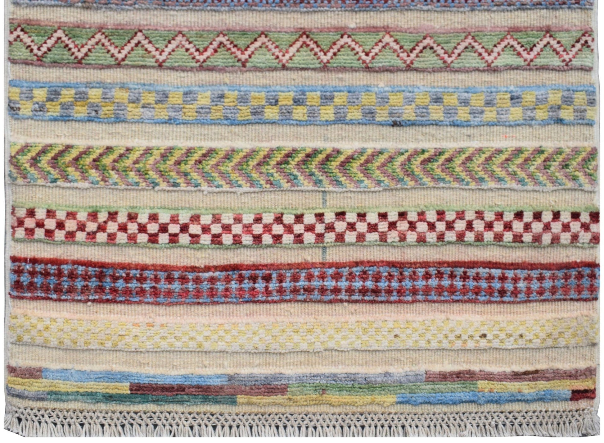 An Afghan Yekta runner featuring horizontal bands of colorful geometric and chevron patterns.