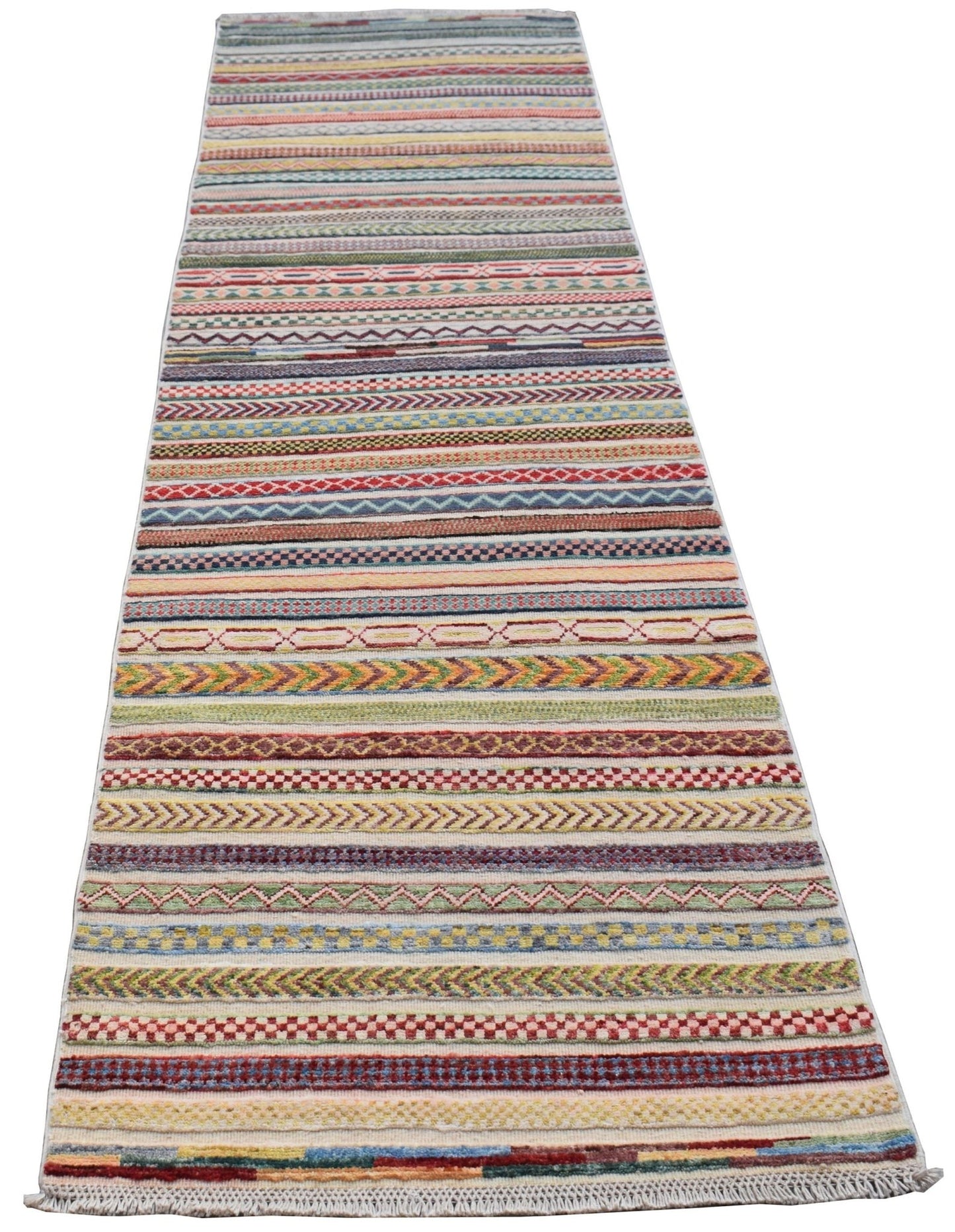 A handmade Afghan runner rug featuring a vibrant, multi-colored striped pattern.