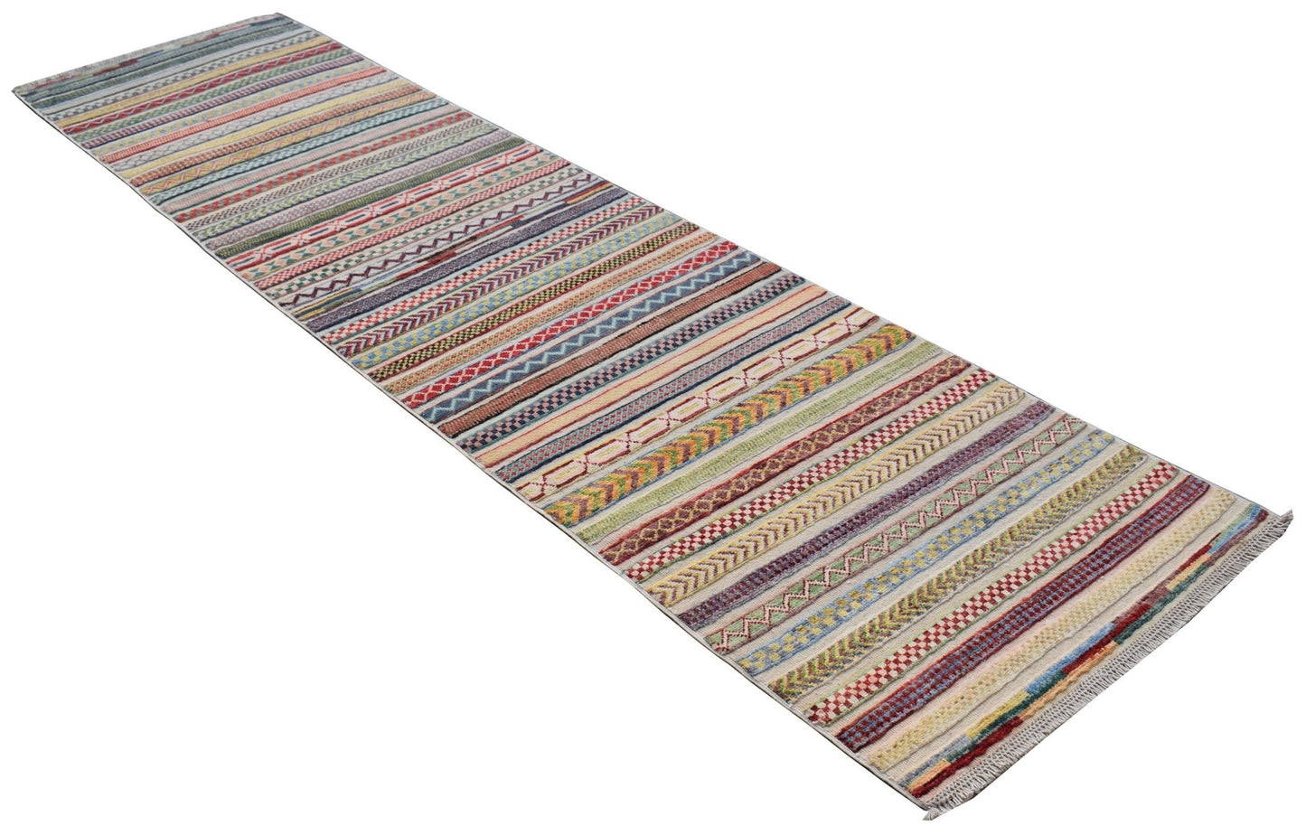 A handmade Afghan Yekta runner rug featuring a vibrant, multi-colored striped geometric pattern.