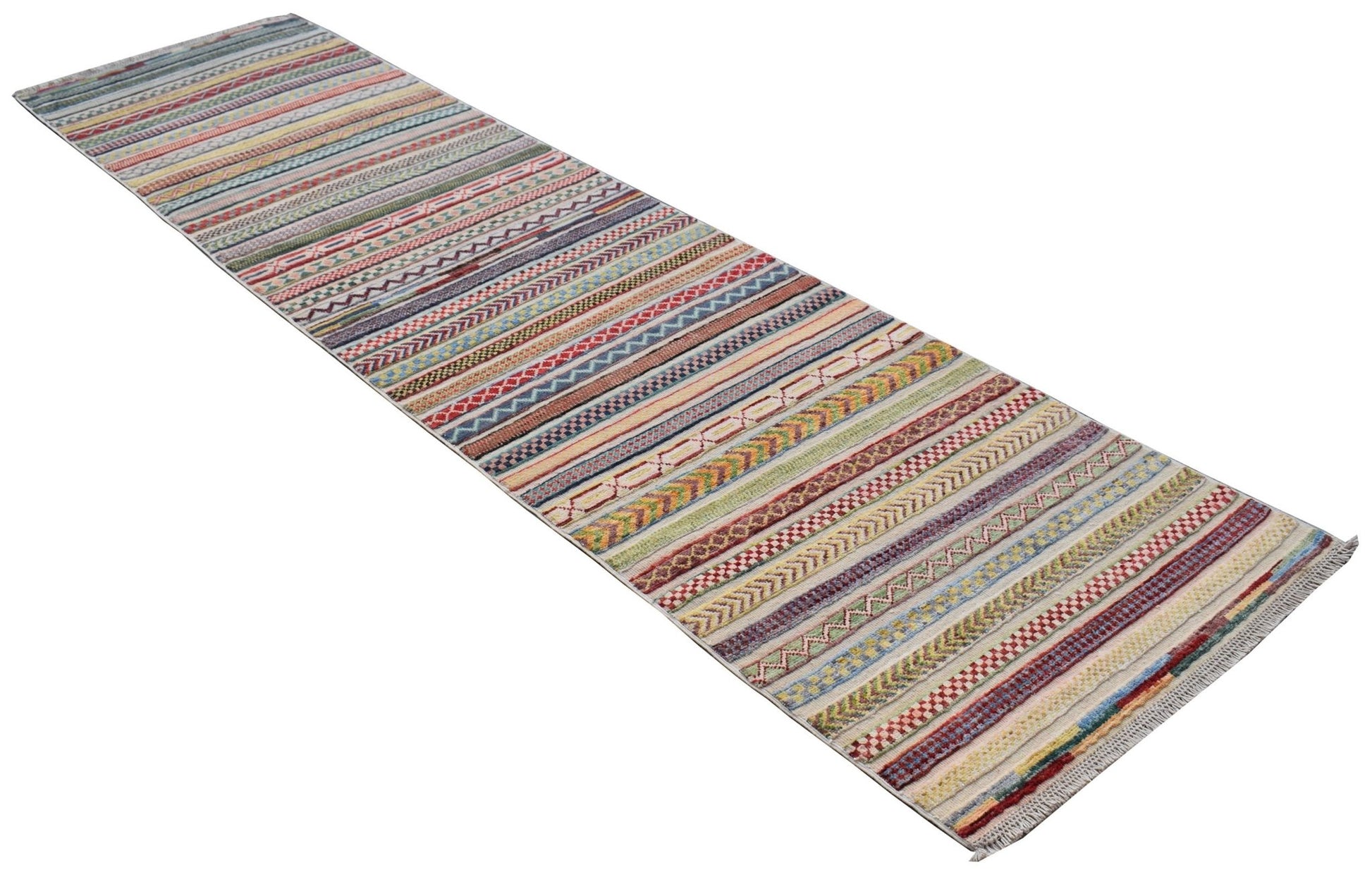 A handmade Afghan Yekta runner rug featuring a vibrant, multi-colored striped geometric pattern.