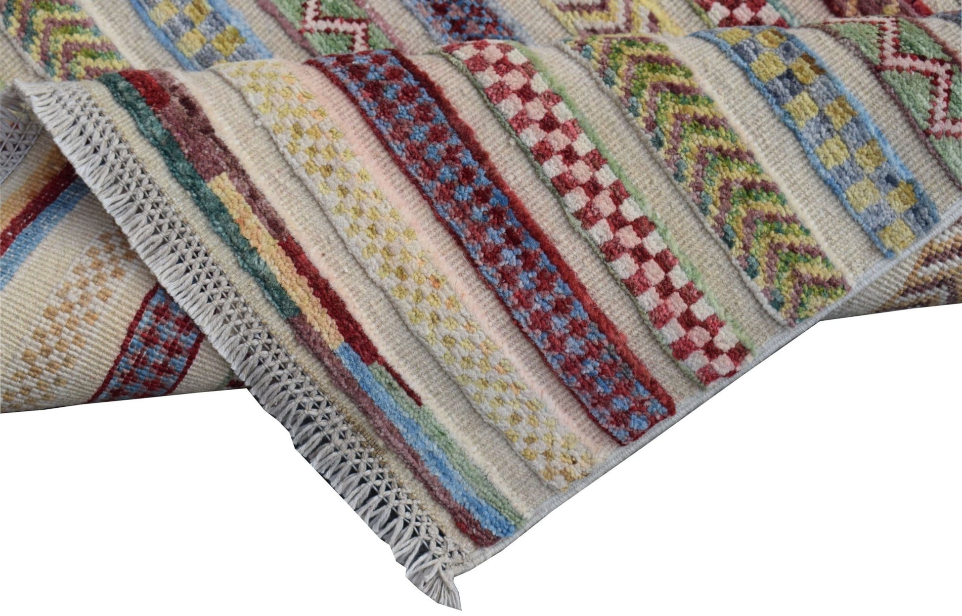 Handmade Afghan Yekta runner rug featuring a colorful striped pattern with geometric motifs.