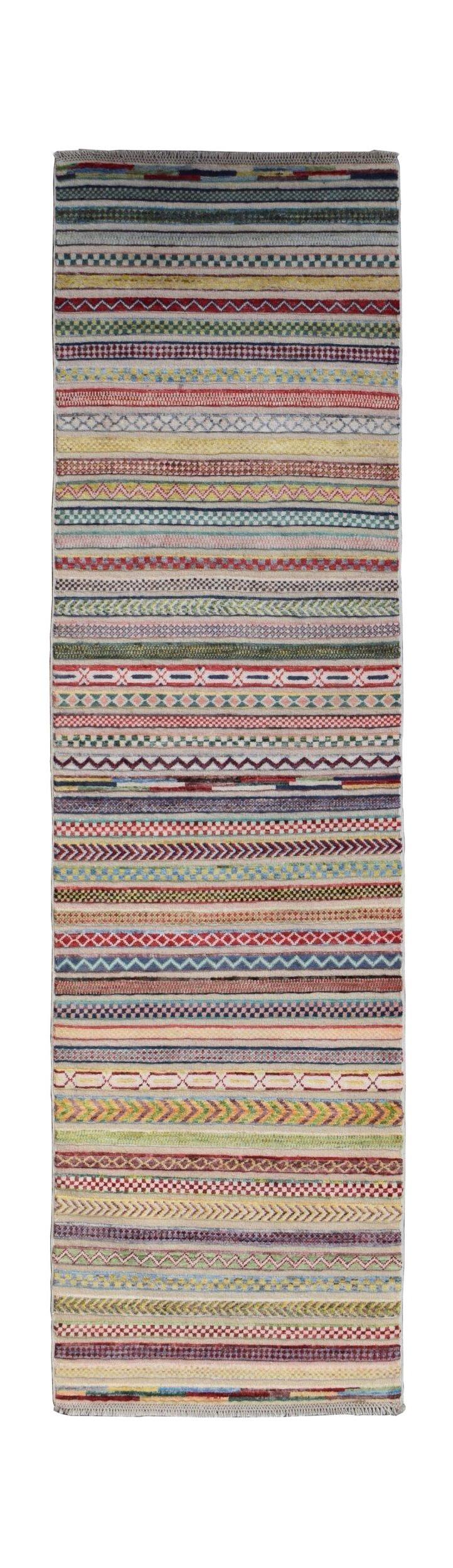 Handmade Afghan runner rug featuring a vibrant, multi-colored pattern of horizontal stripes.