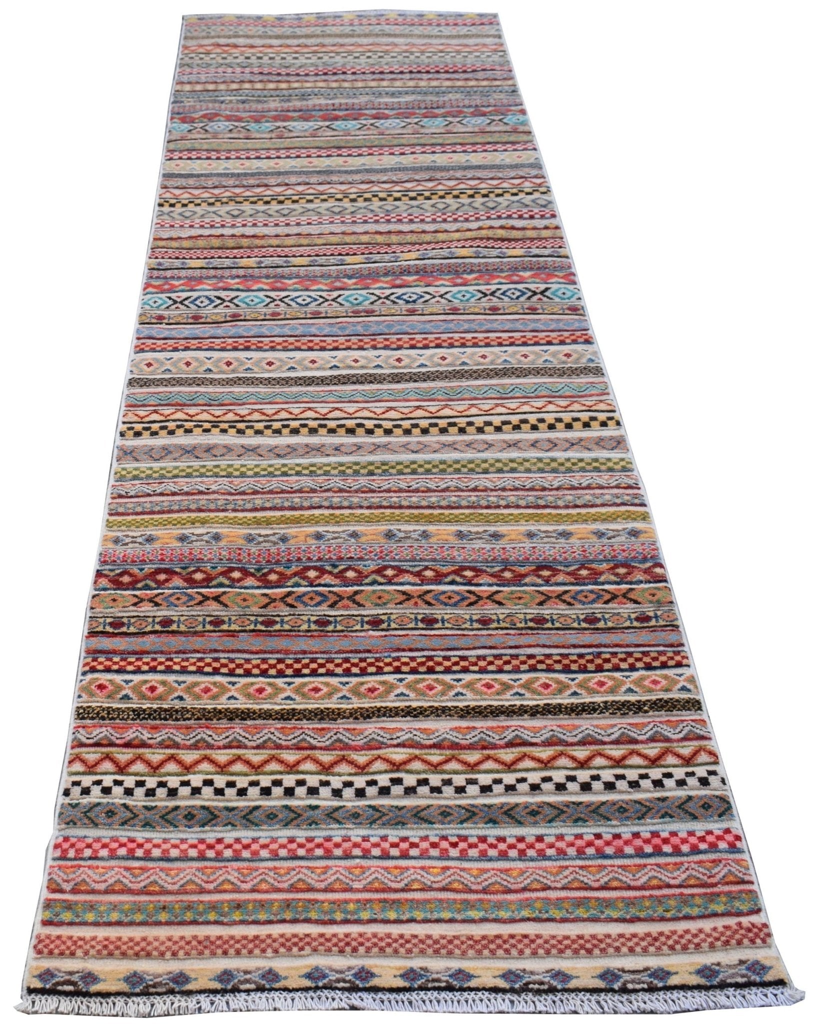 A handmade Afghan Yekta runner rug featuring a vibrant, multi-colored geometric striped pattern.