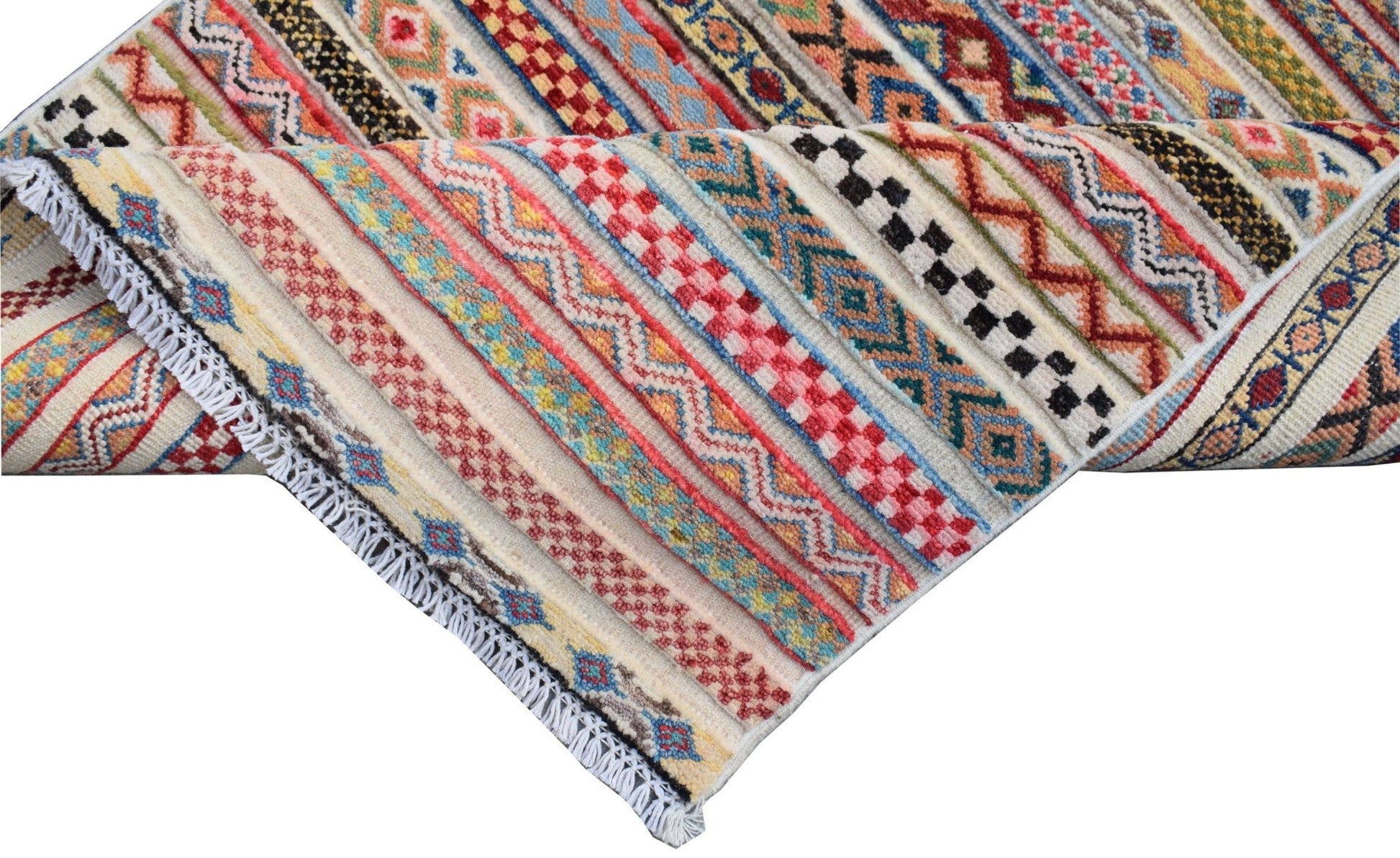 Handmade Afghan Yekta runner rug featuring colorful geometric patterns and a fringed edge.