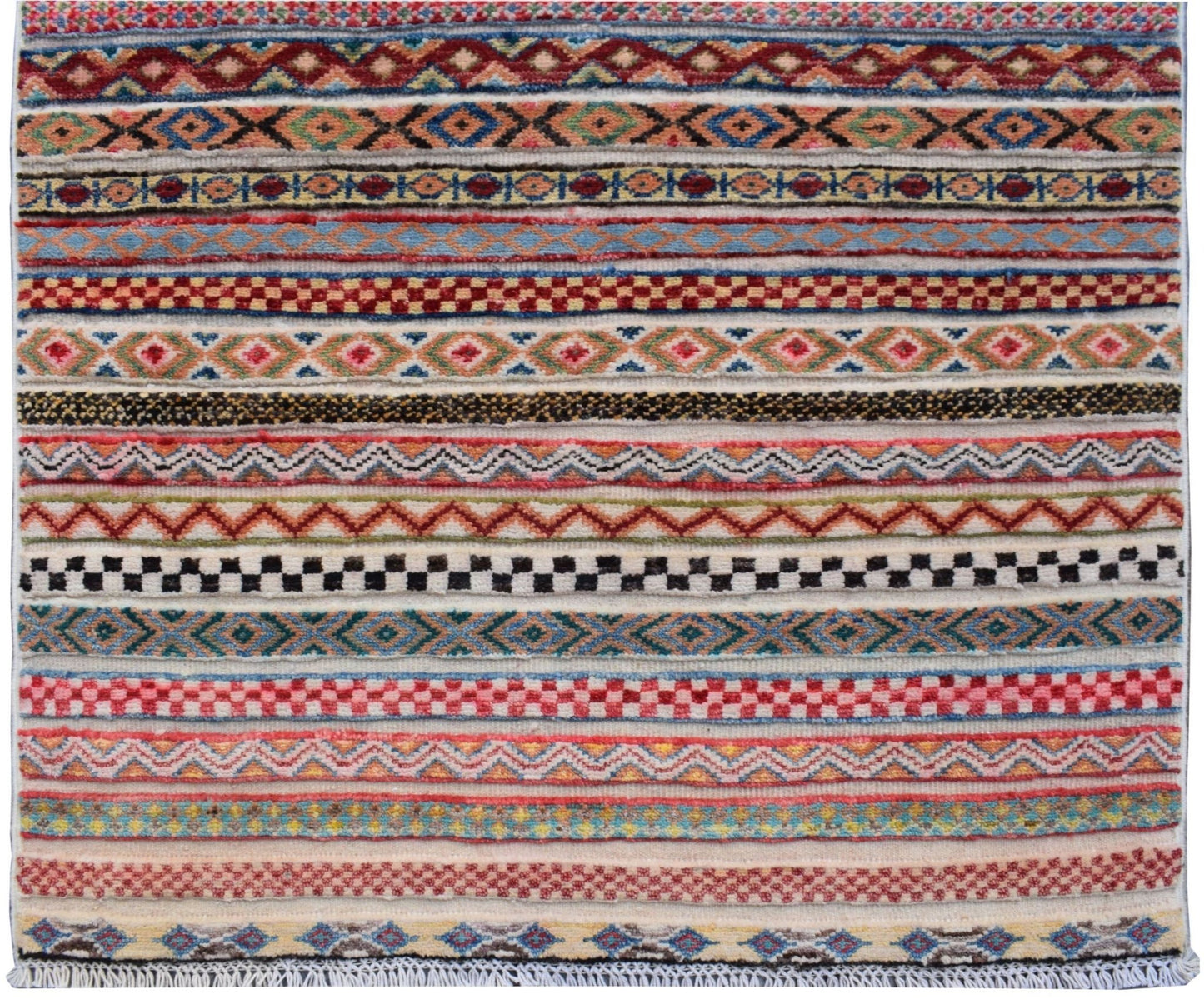 Handmade Afghan Yekta runner rug featuring a vibrant, multi-colored geometric striped pattern.