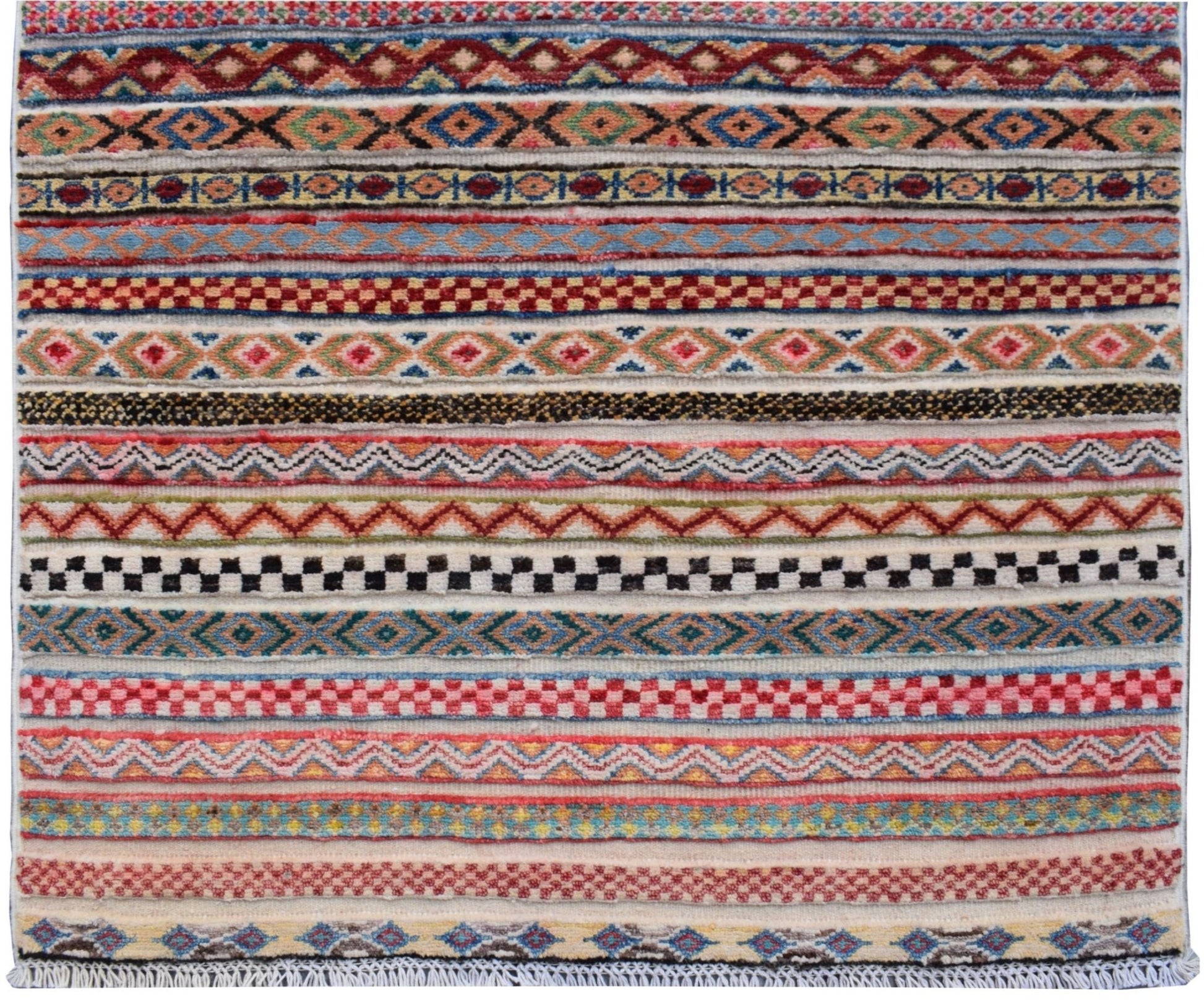 Handmade Afghan Yekta runner rug featuring a vibrant, multi-colored geometric striped pattern.