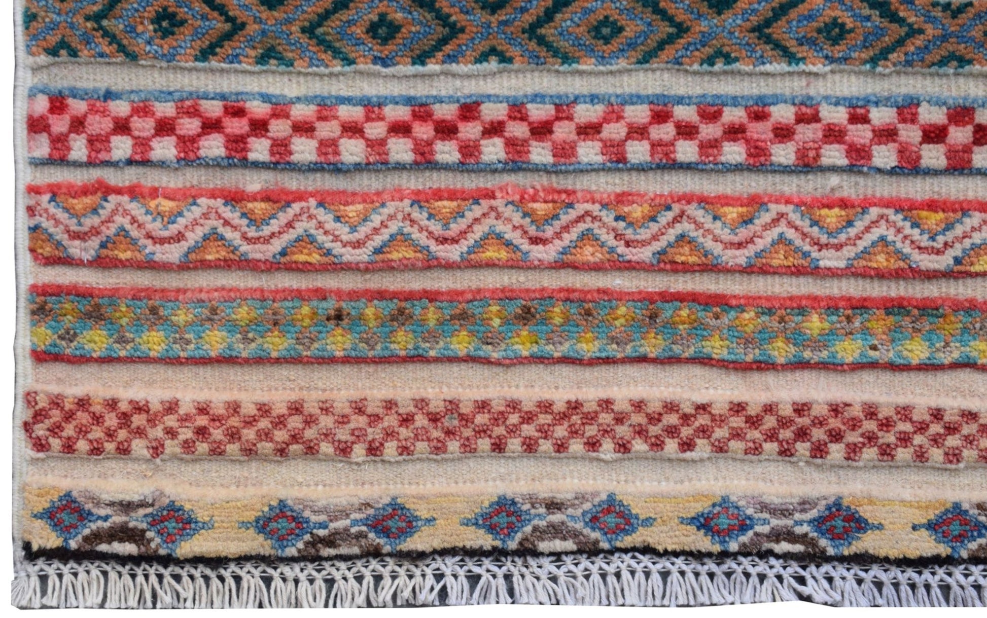 An Afghan Yekta runner featuring a series of colorful, hand-knotted geometric and checkered bands.