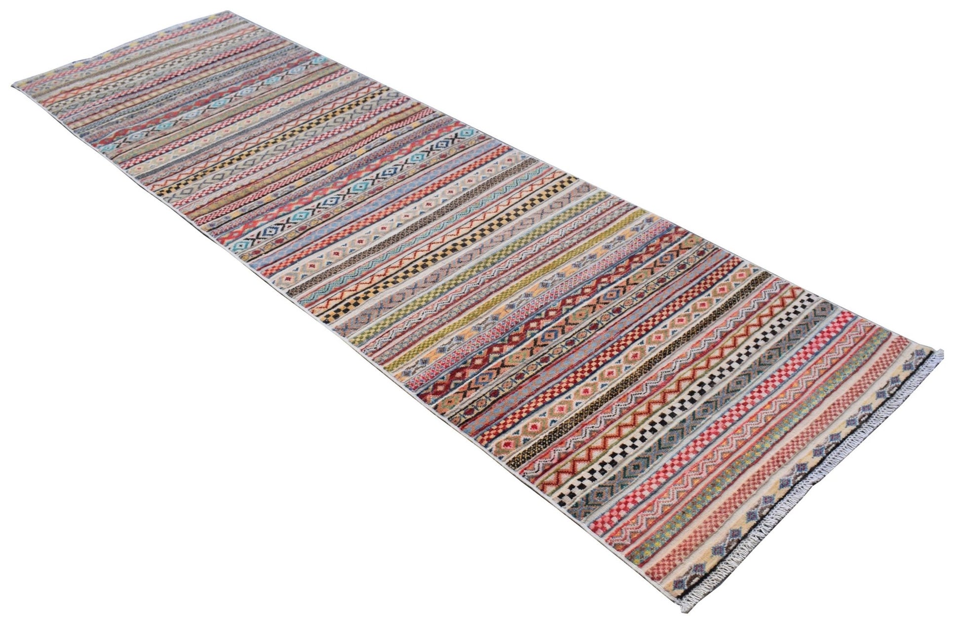 A handmade Afghan Yekta runner rug featuring a vibrant, multi-colored geometric striped pattern.