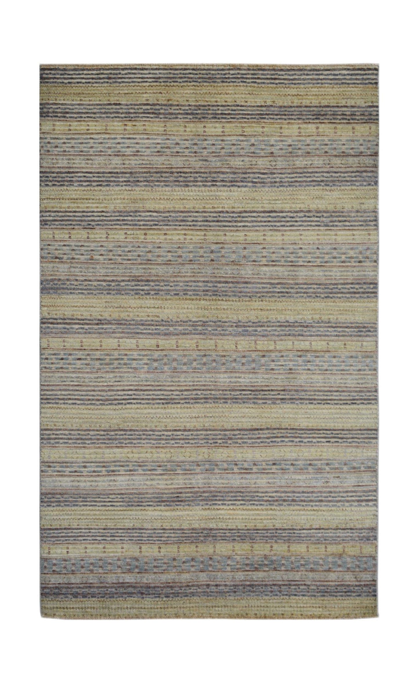 An Afghan Yekta rug featuring horizontal stripes in muted earth tones and blue accents.