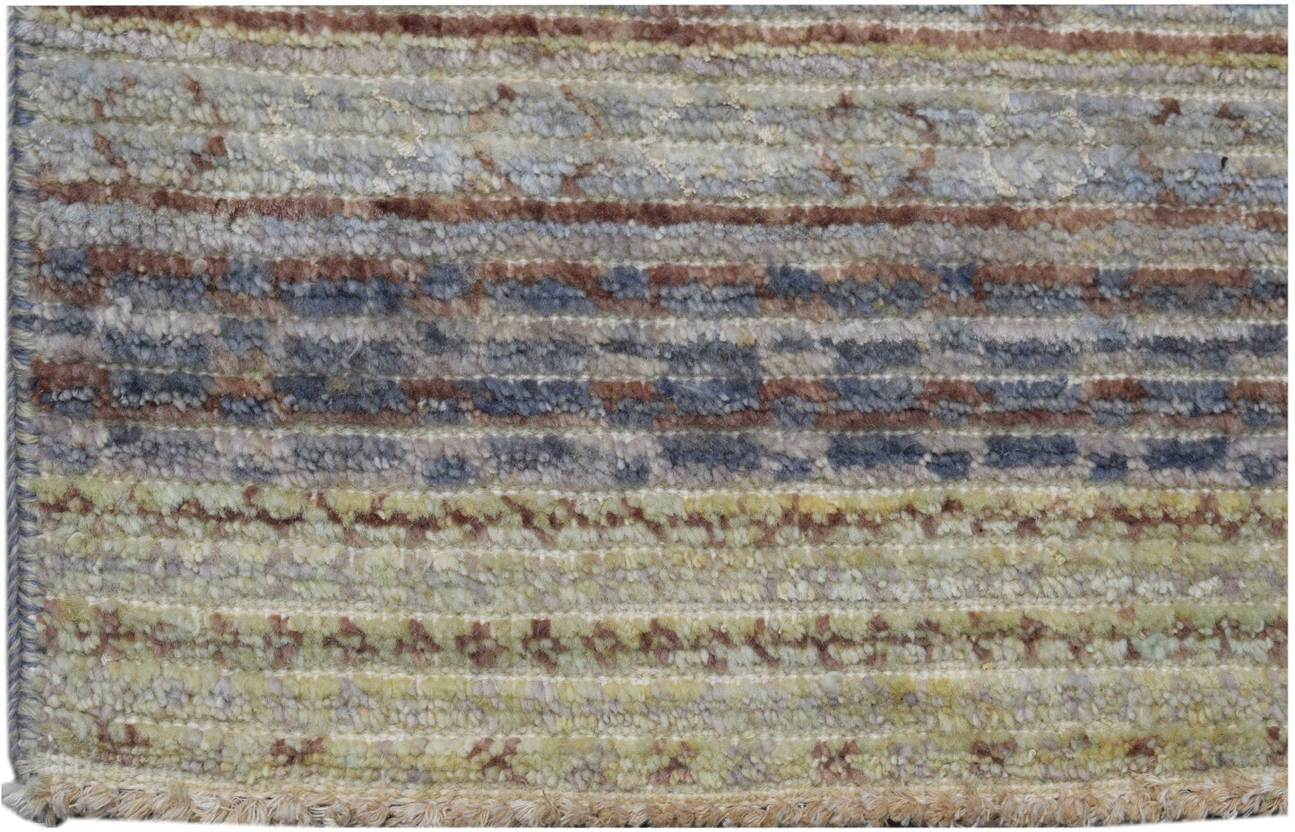 Handmade Afghan Yekta rug featuring horizontal stripes in shades of blue, brown, and yellow.