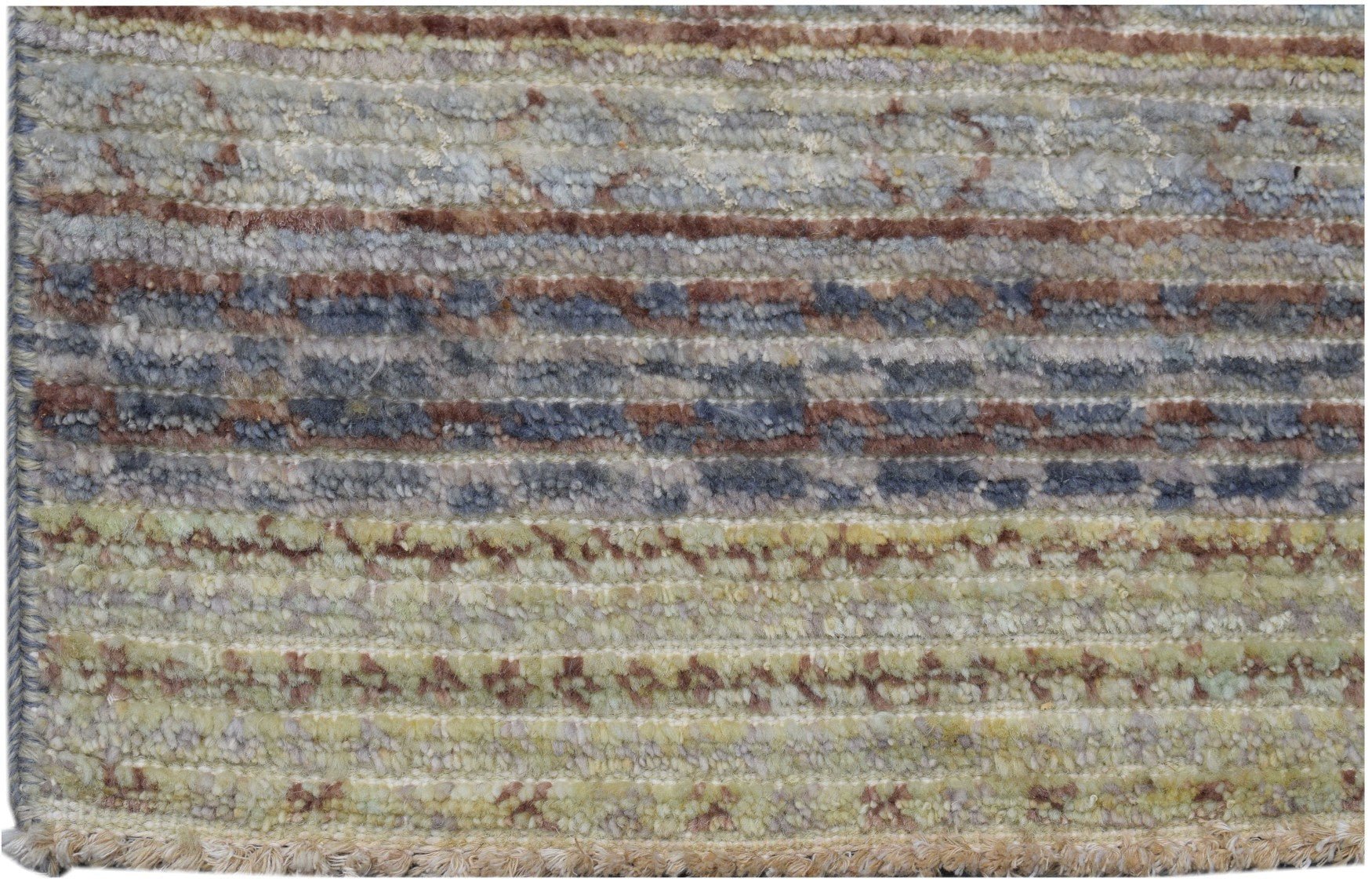 Handmade Afghan Yekta rug featuring horizontal stripes in shades of blue, brown, and yellow.