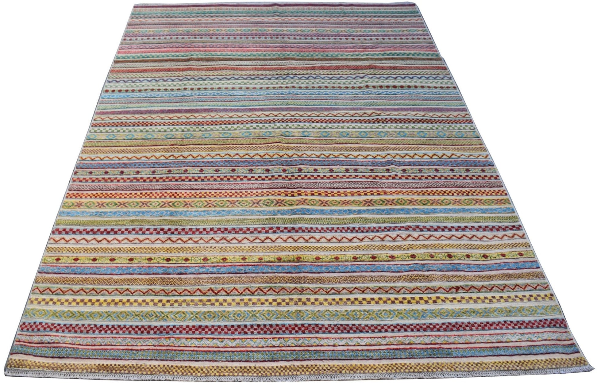 A handmade Afghan Yekta rug featuring a vibrant, multi-colored horizontal striped pattern.
