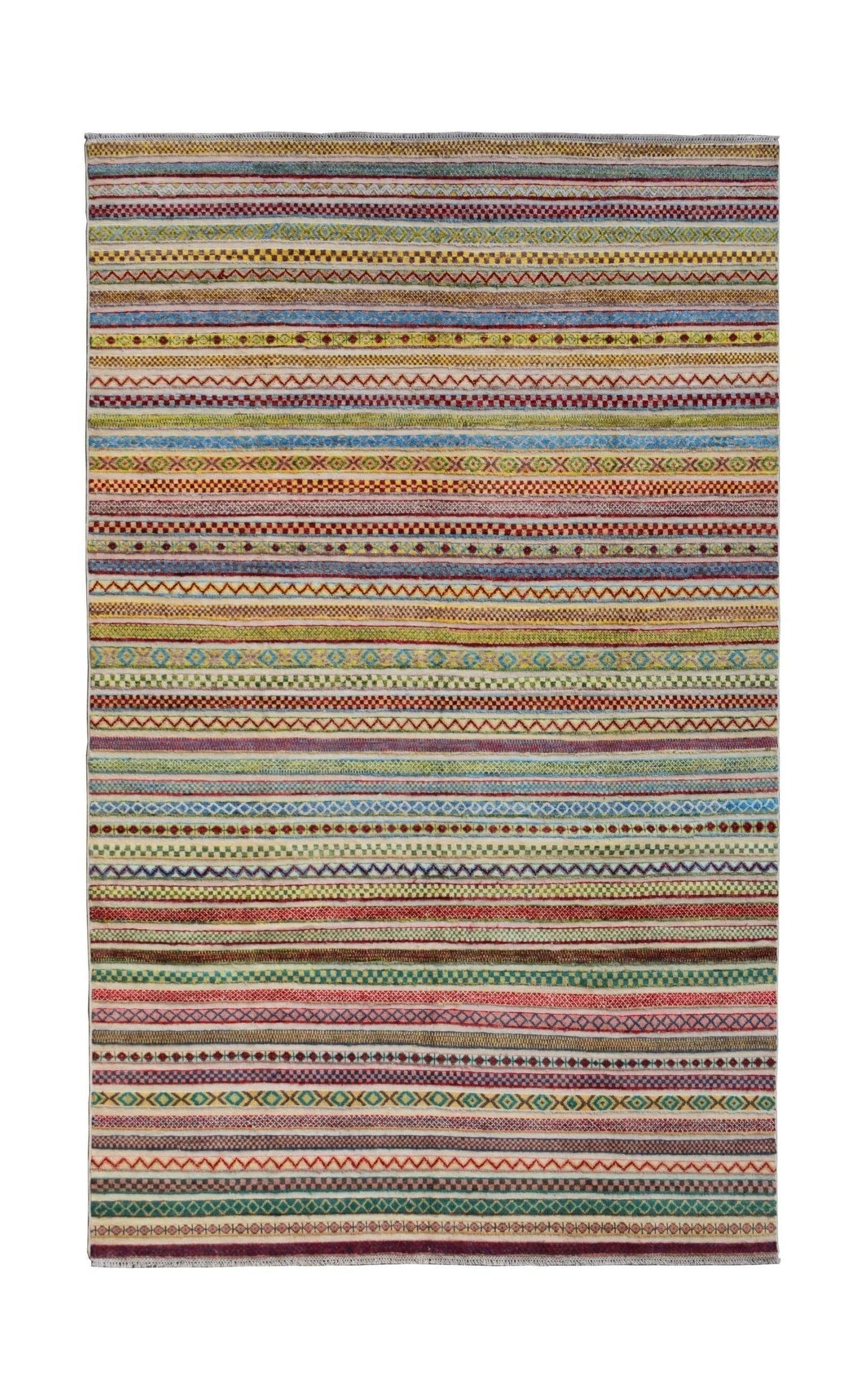 This handmade Afghan Yekta rug features a vibrant, multi-colored striped pattern with geometric motifs.