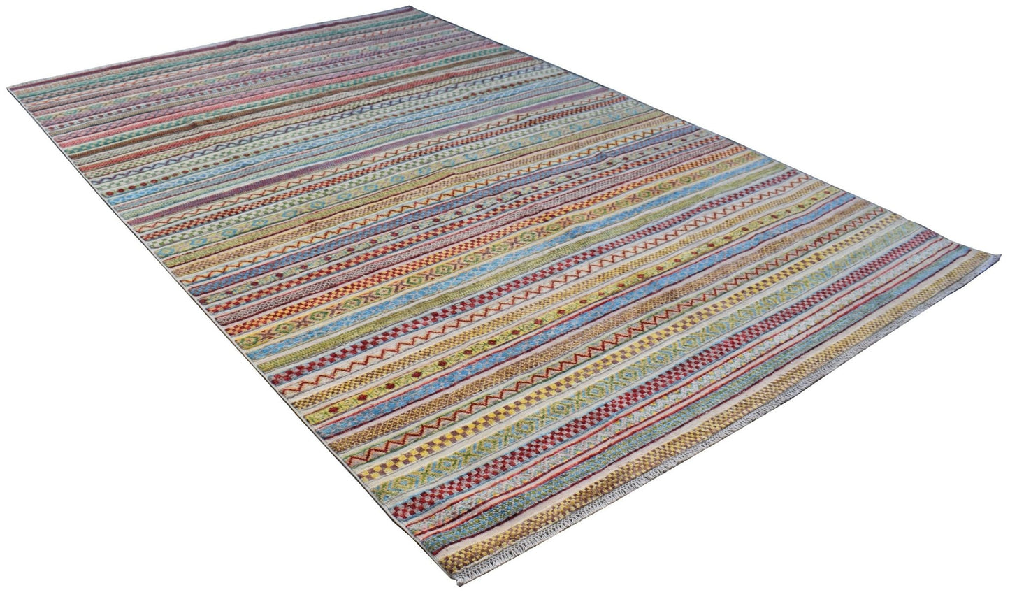 Handmade Afghan Yekta rug featuring a vibrant, multi-colored striped pattern with geometric motifs.