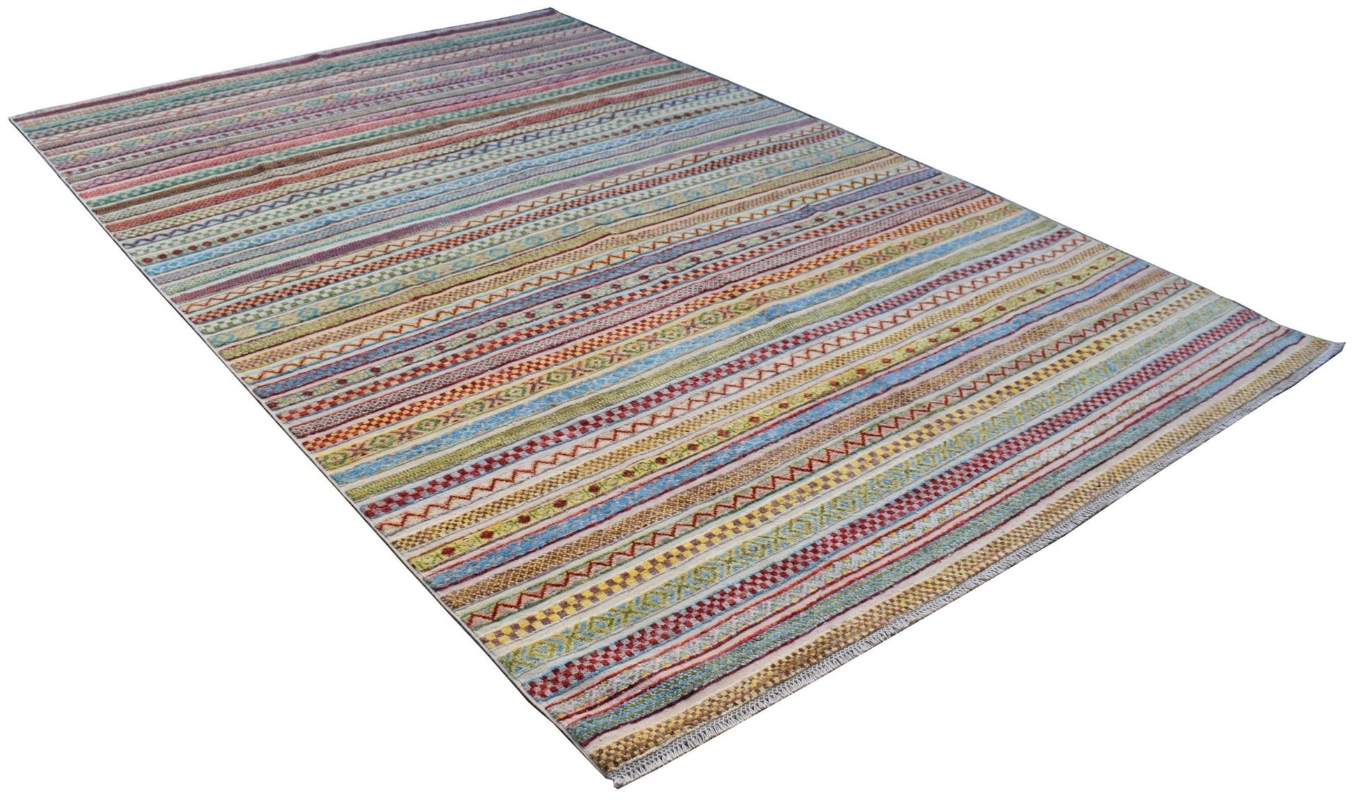 Handmade Afghan Yekta rug featuring a vibrant, multi-colored striped pattern with geometric motifs.