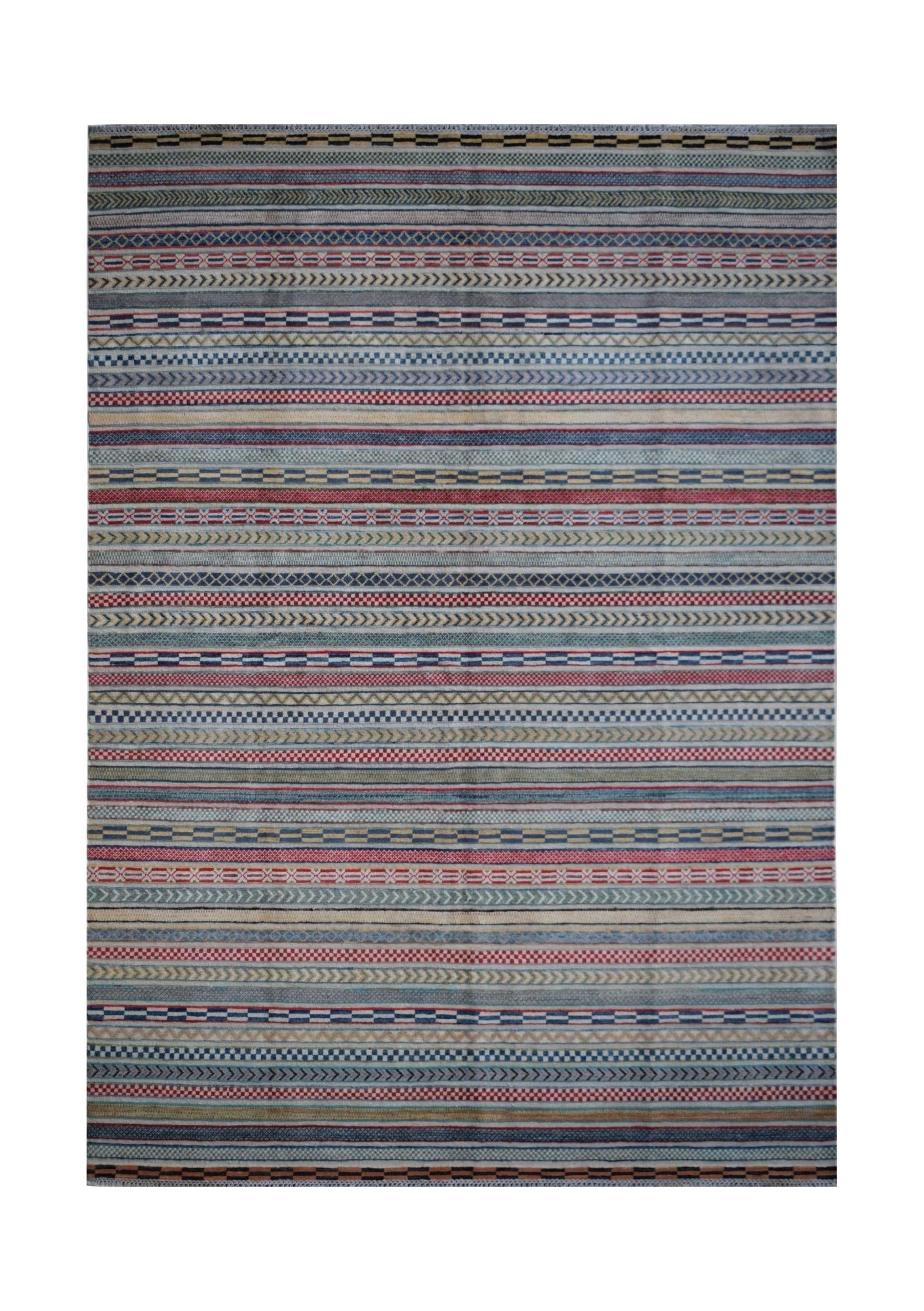 Handmade Afghan Yekta rug featuring a repeating pattern of colorful horizontal striped bands.