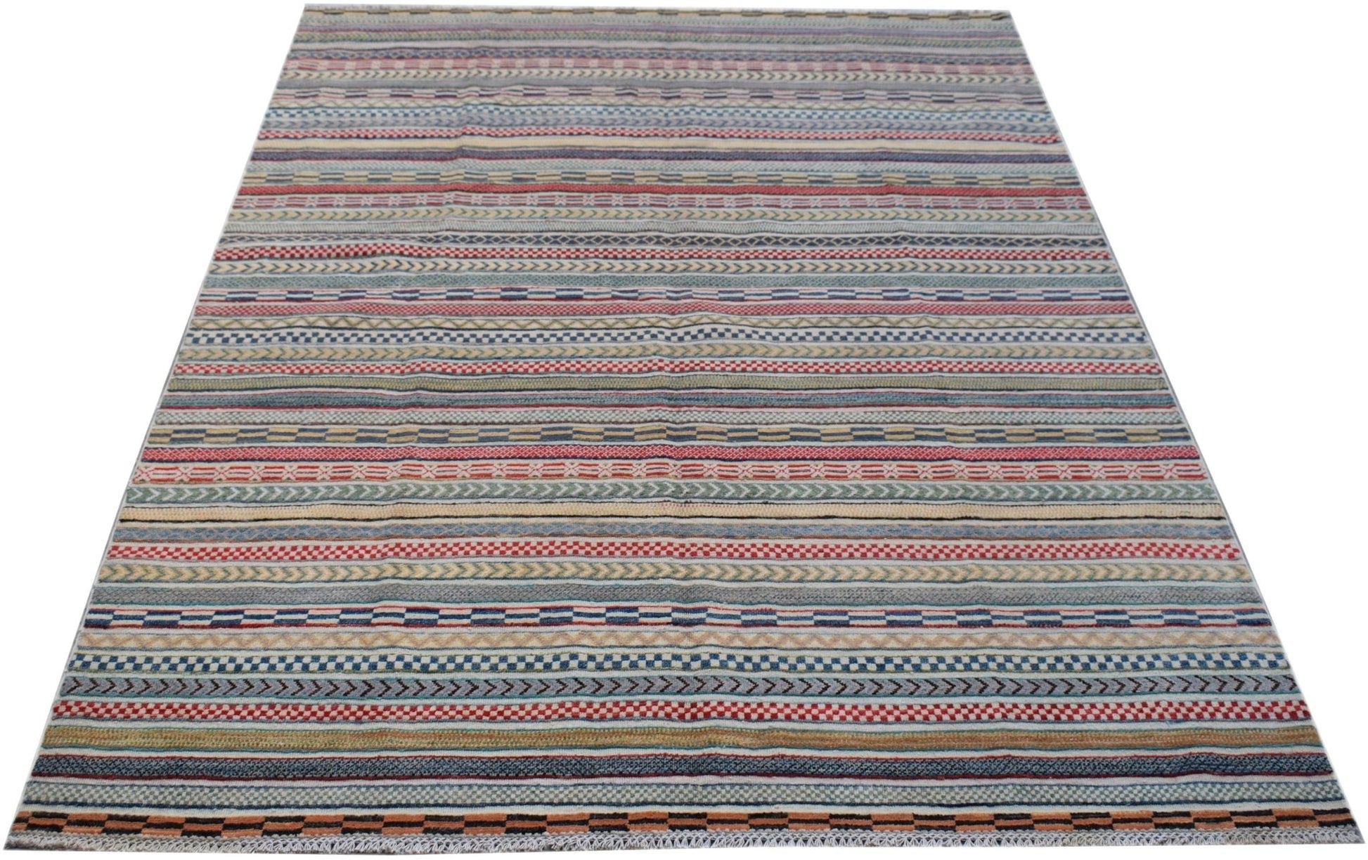 Handmade Afghan Yekta rug featuring a repeating pattern of colorful horizontal striped bands.