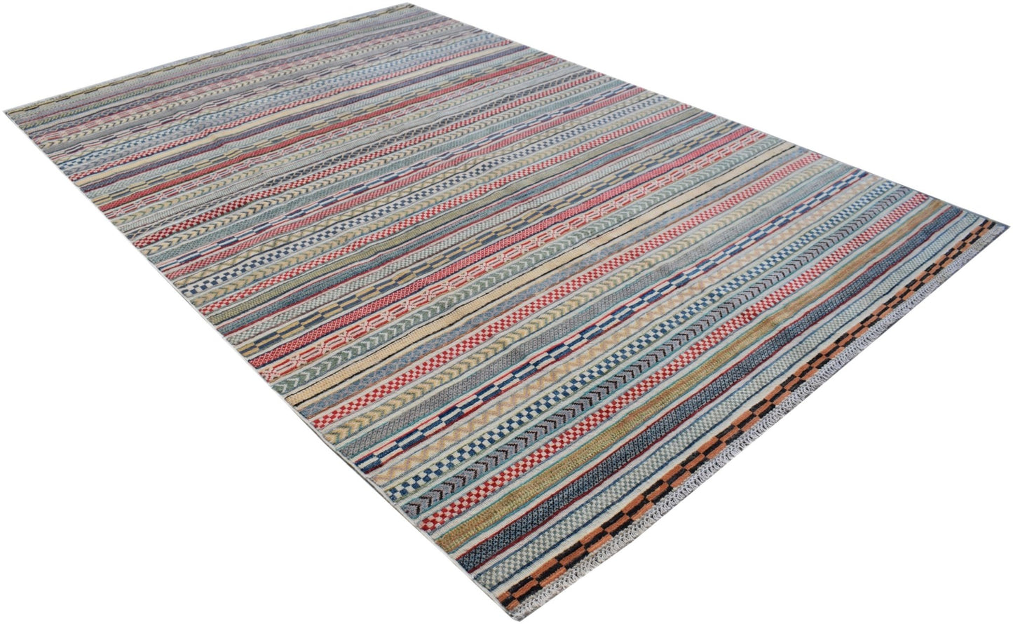 A handmade Afghan Yekta rug featuring a vibrant, multi-colored striped pattern with geometric motifs.