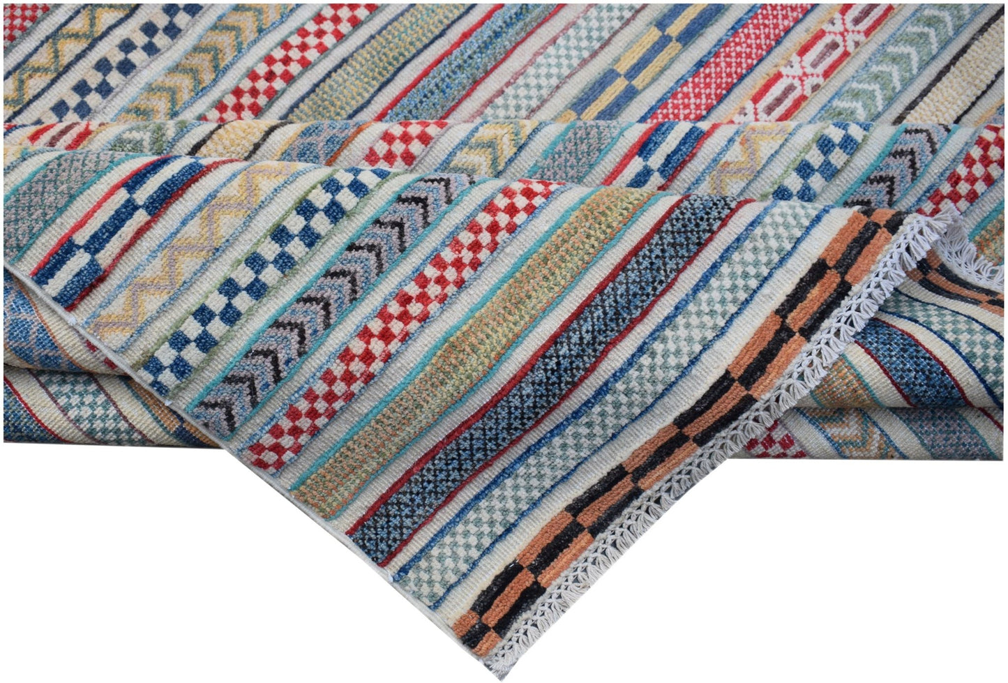 Handmade Afghan Yekta rug featuring a vibrant, multi-colored striped pattern with geometric motifs.